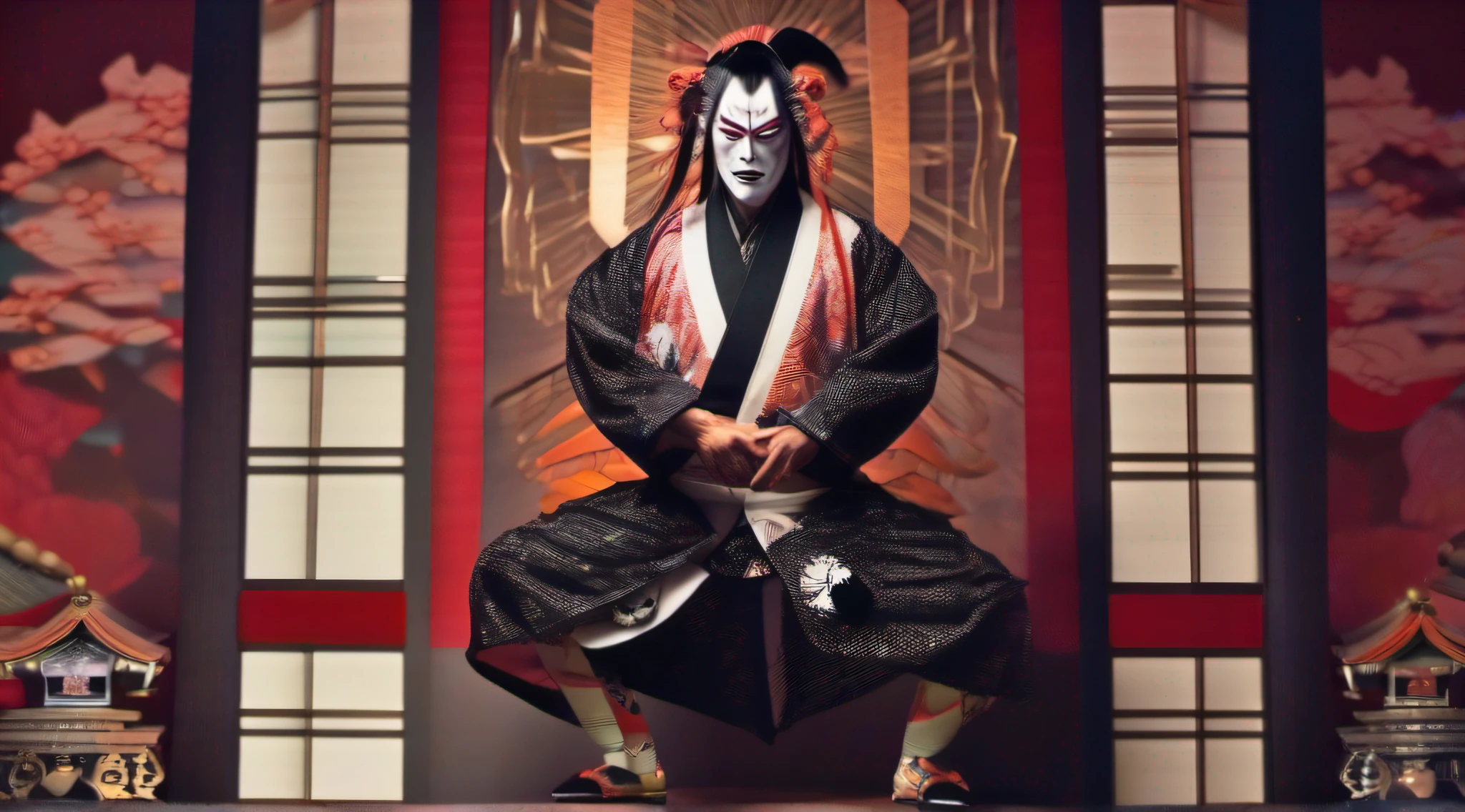 Kabukiza,Kabuki actor,ember,male people,Kime Pose,Long hair,Scary face,The background is the stage,a cool,realisitic,a picture,