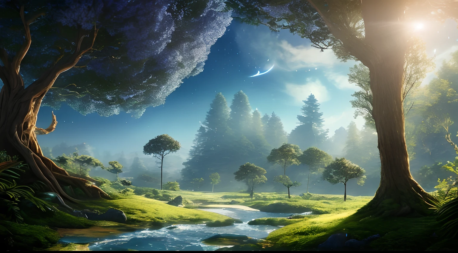 Illustration of a hyperrealistic , otherworldly, ultrasky scene featuring a giant crystal tree full body,very detailed and magical lighting, intricate forest details, vegetation and river around, solarpunk ,landscape, giant tree, beatifull leafy with beautiful lighting and realistic proportions, as if it were a cinematic background, 8k, highest quality, masterpiece, clouds and stars in the sky.