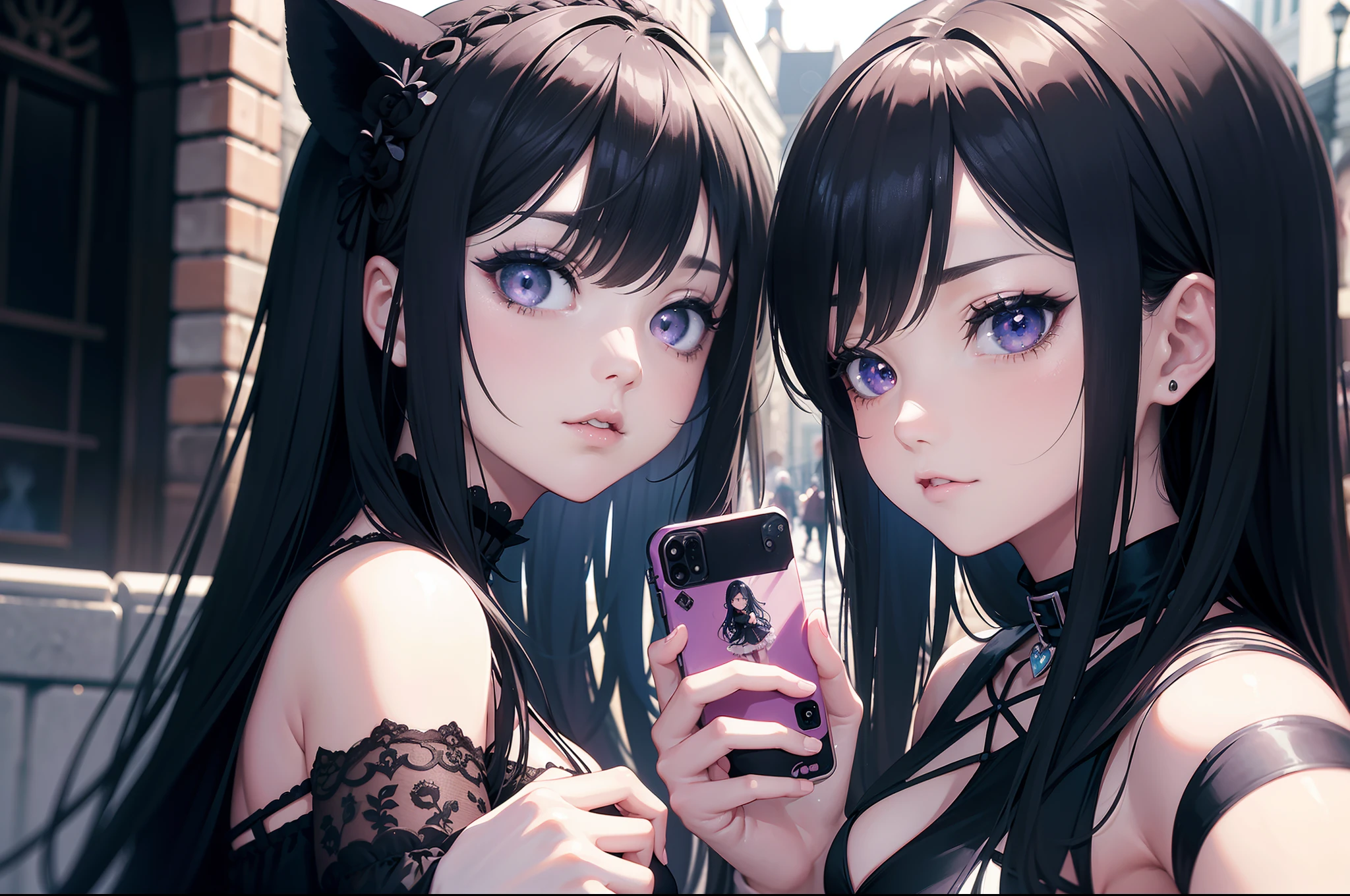 (obra maestra) (La mejor calidad) A selfie of several gothic-looking kawaii women on a London street. are young, alegre y me encanta hacer bromas en las fotos.