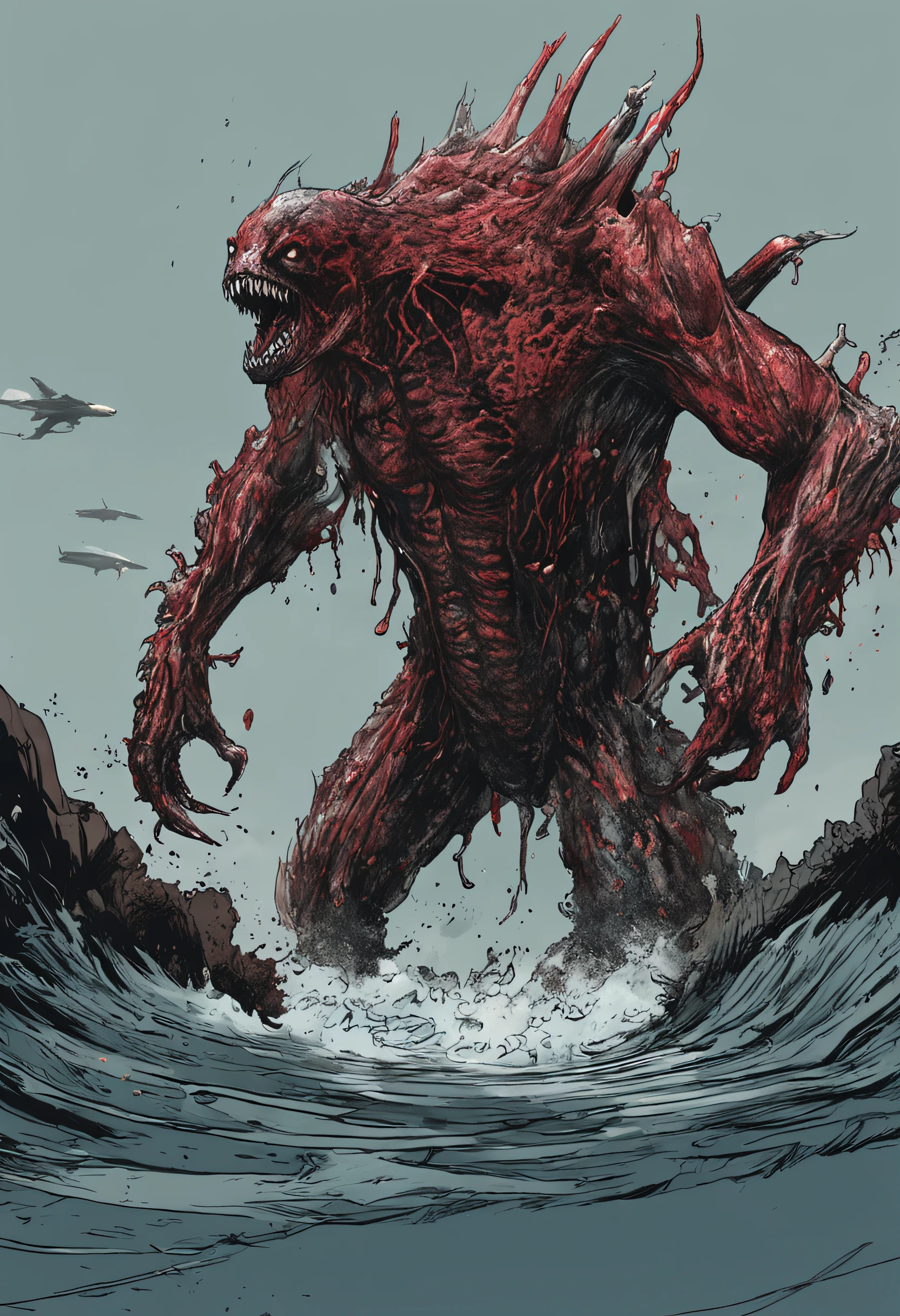 a drawing，It depicts a truly mutilated ocean mutant monster，Blood on his face，bleeding from head, massacre, Science fiction - the horror art of fiction, sci-fi horror artwork, inspired by Aleksi Briclot, Slaughtered fangs, horror fantasy art, author：Alexi Bricklot, horror concept art, venomize, Fantasy and horror art, Detailed illustration of 4K horror, demonic creature, dark fantasy horror art，Prehistoric monsters, Godzilla, standing in ocean, A MILF, Gigantic body, Golden proportions, (The upper body is on the surface of the sea), (The lower body is below the surface of the sea:1.2), (Super scary:1.1), The monster has a bomb stuck in its back, [:(The facial details are frightening:1.2):0.2]:full bodyesbian，standing on your feet