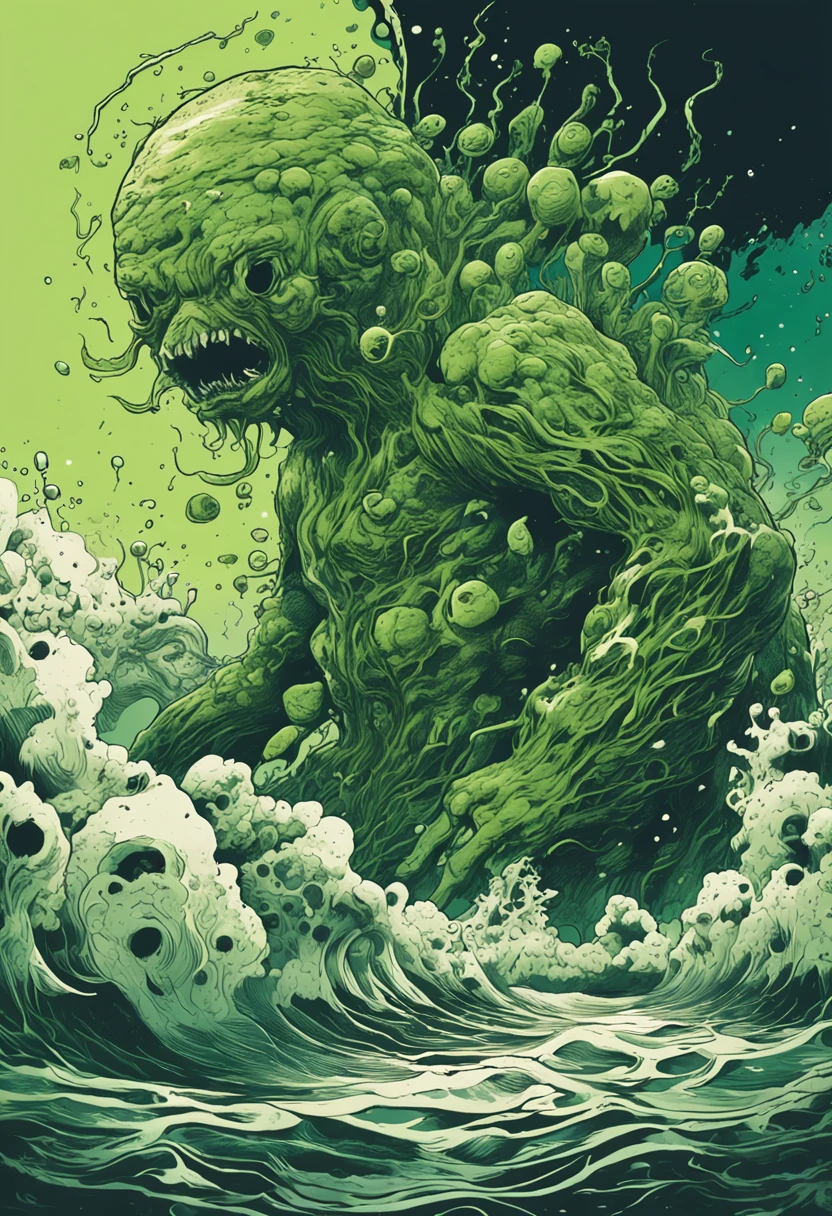 Under the shroud of nuclear contamination, Marine life around the world began to mutate, Transform into a monster form. The entire picture is covered in fluorescent green tones, Symbolizes nuclear radiation. Light shines down from the surface of the water, The bizarre shapes that illuminate these mutant creatures. The picture has a wide depth of field, The endless ocean is filled with the figures of these monsters, Form a big picture.,Kunxing Magazine,