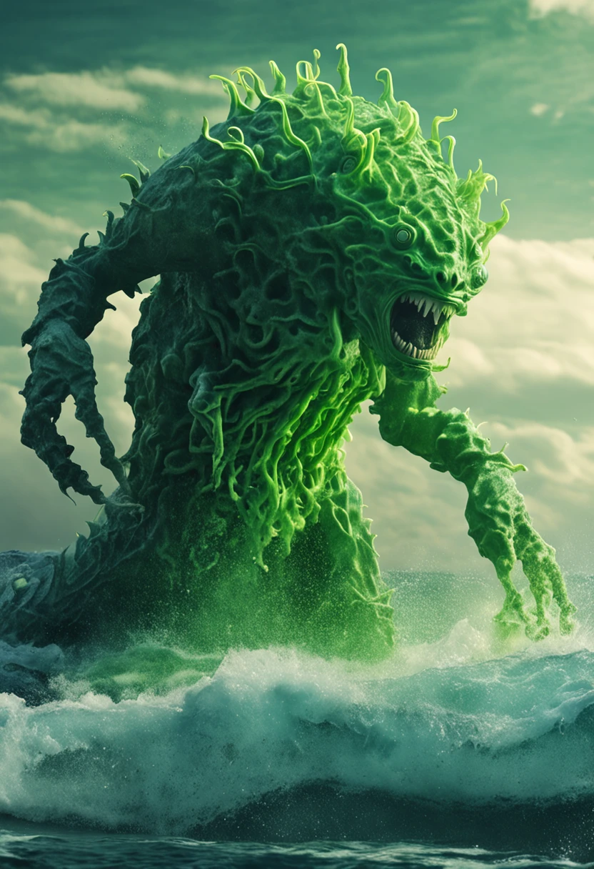 Under the shroud of nuclear contamination, Marine life around the world began to mutate, Transform into a monster form. The entire picture is covered in fluorescent green tones, Symbolizes nuclear radiation. Light shines down from the surface of the water, The bizarre shapes that illuminate these mutant creatures. The picture has a wide depth of field, The endless ocean is filled with the figures of these monsters, Form a big picture.,Kunxing Magazine,