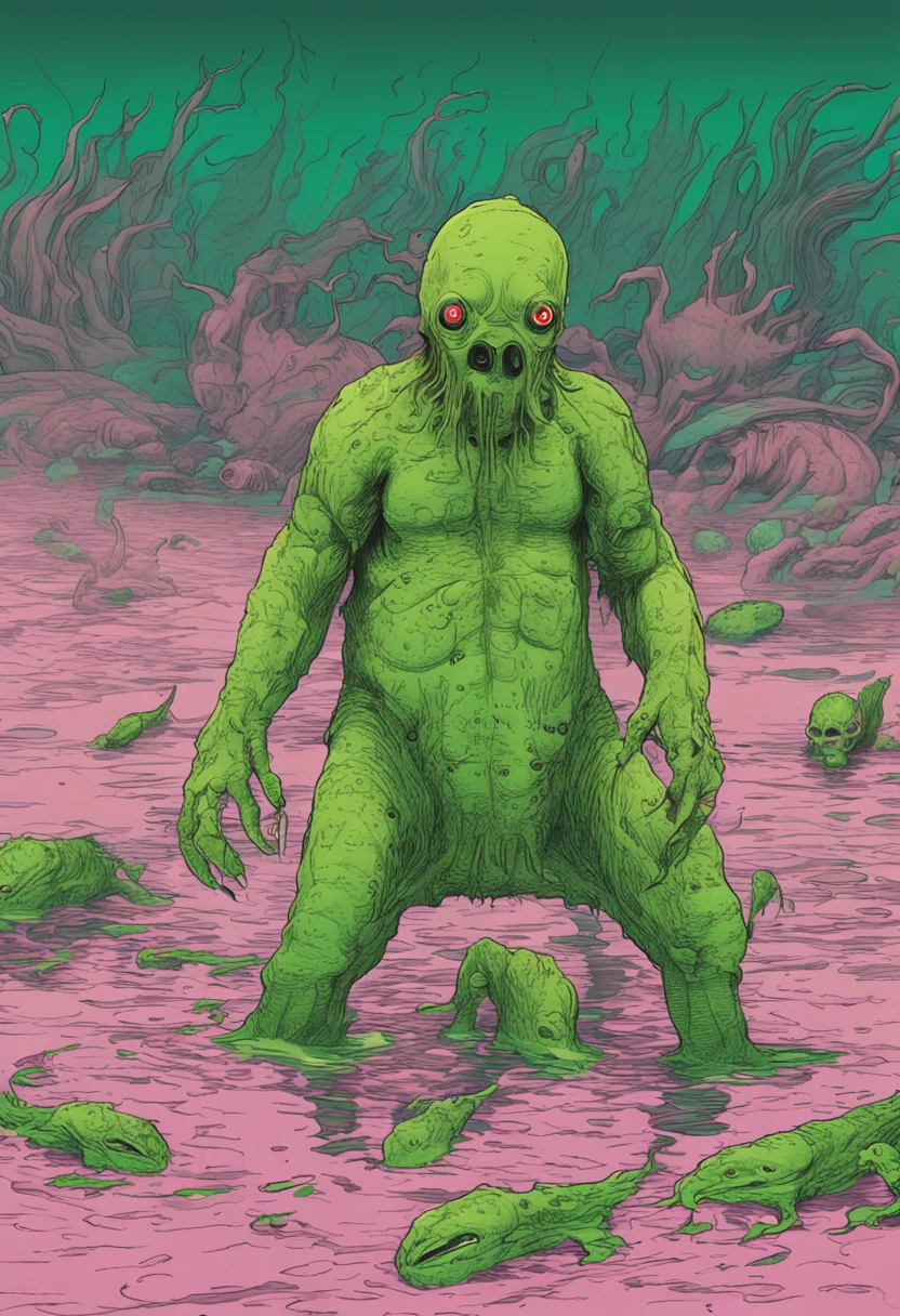 Under the shroud of nuclear contamination, Marine life around the world began to mutate, Transform into a monster form. The entire picture is covered in fluorescent green tones, Symbolizes nuclear radiation. Light shines down from the surface of the water, The bizarre shapes that illuminate these mutant creatures. The picture has a wide depth of field, The endless ocean is filled with the figures of these monsters, Form a big picture.,Kunxing Magazine,