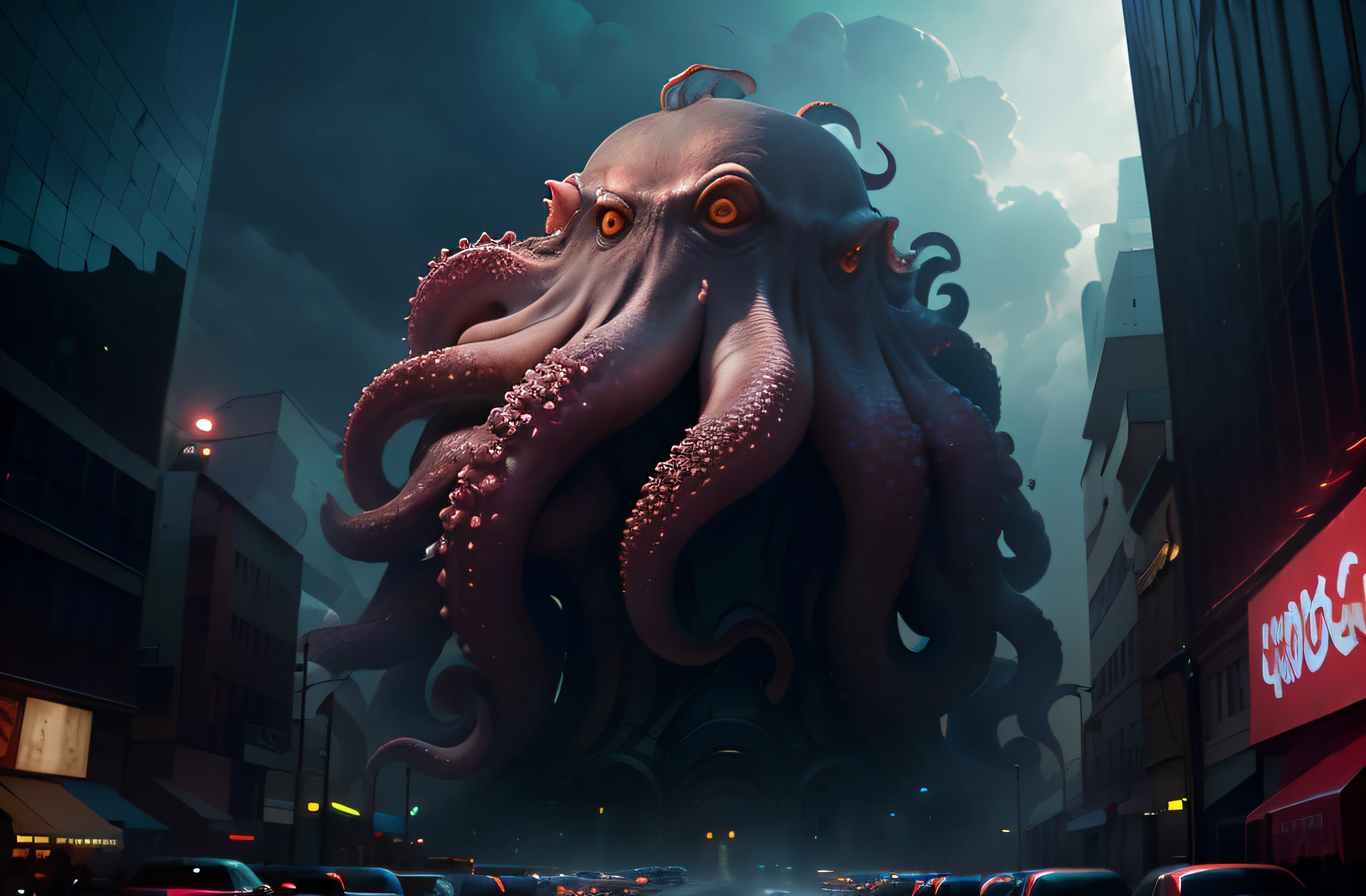 Ultra high definition Photograph of a Absolutely massive octopus towering over the city of London at night, panoramic shot, giant octopus monster, incredible scale, arching over the cityscape, backlit by lightning, view from the side, attacking the city, complex character design, 4 arms, a tail, original character, rain, dramatic scene, cinematic, terrifying, glowing from inside body, not humanoid, famous landmarks, destruction, photo-realistic