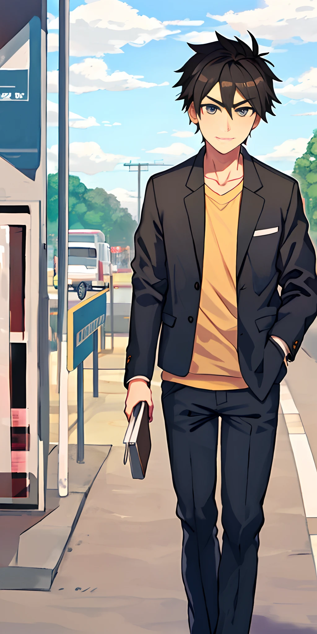 One boy waiting at bus stand in