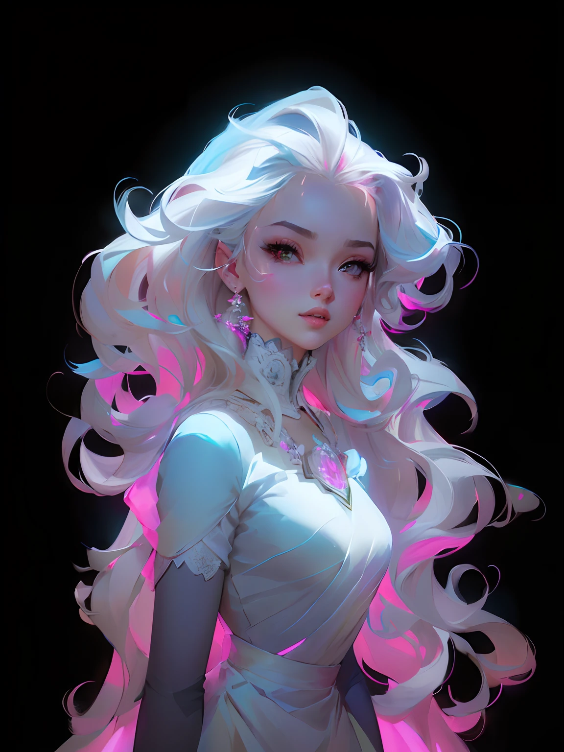 Menina anime com longos cabelos brancos e olhos cor-de-rosa em um vestido branco, rossdraws global illumination, Directed by: Ross Tran, inspirado em Ross Tran, Ross Tran 8 K, No estilo de Ross Tran, retrato da menina de glowwave, rossdraw desenho animado vibrante, Artgerm e Atey Ghailan, stunning digital illustration, Estilo Ross Tran, arte de personagem impressionante, Jen Bartel