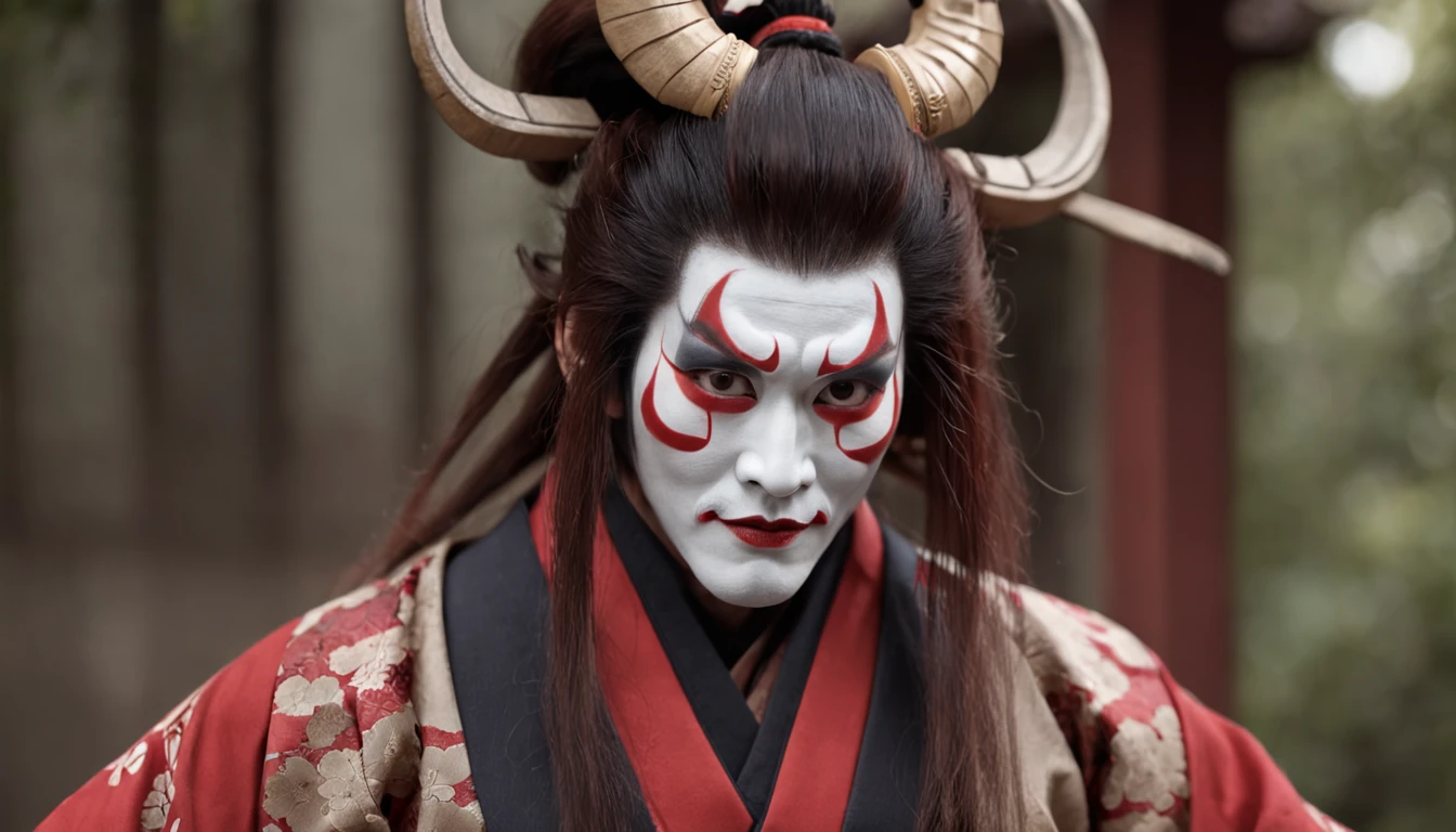Kabukiza,Kabuki actor,ember,male people,Kime Pose,Long hair,Scary face,The background is the stage,a cool,realisitic,a picture,