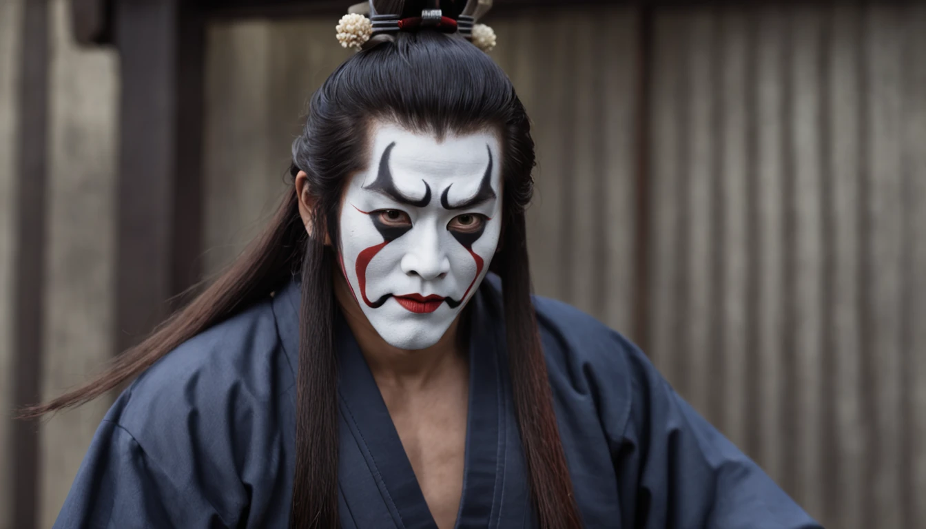 Kabukiza,Kabuki actor,ember,male people,Kime Pose,Long hair,Scary face,The background is the stage,a cool,realisitic,a picture,