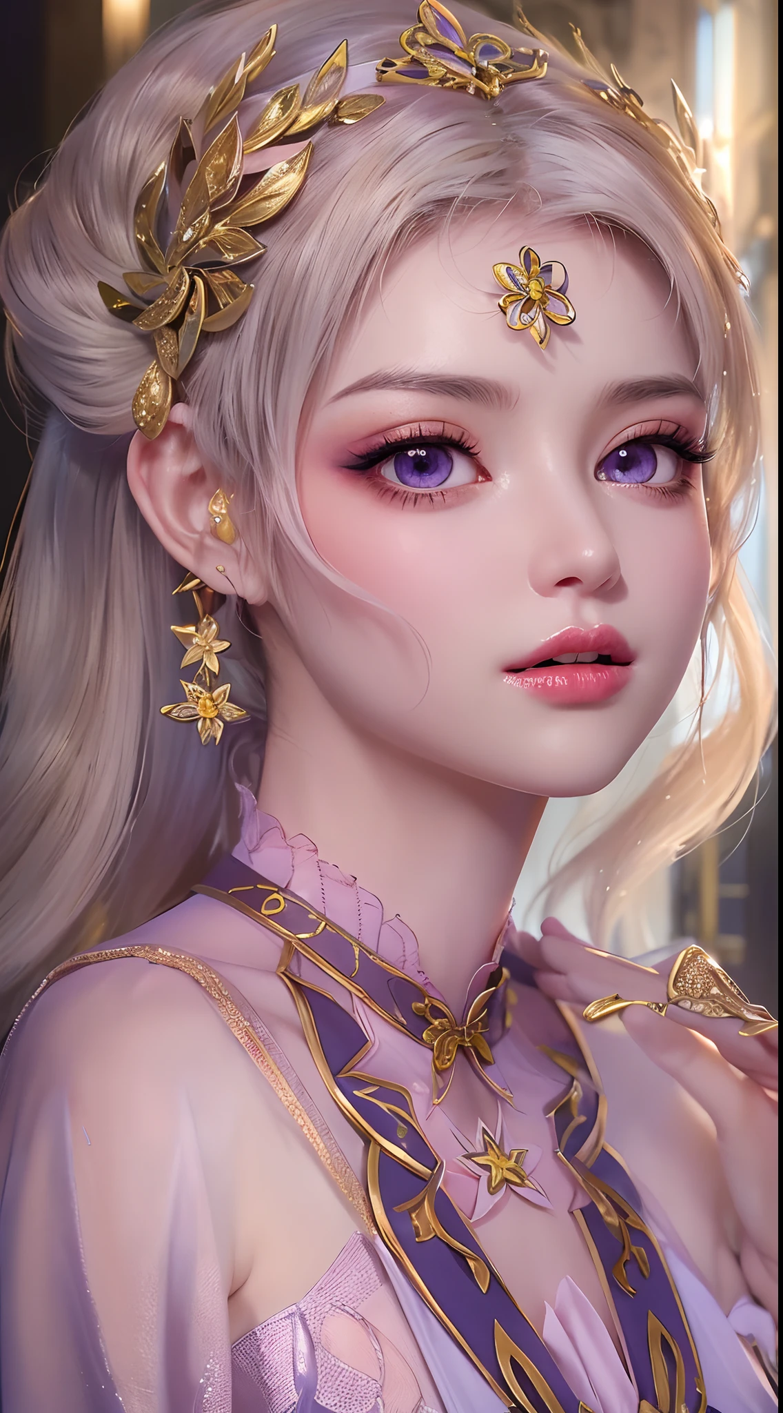 1 20 year old girl, 1 goddess Athena, pink purple silk dress, beautiful goddess Athena face without blemishes, delicate yellow nightgown, long thin sequin nightgown with many sexy black lace details, female saint legend, female saint icon, beautiful goddess style glitter, dark and mysterious version, vermilion lips, plump red lips, not smiling, mouth closed, detailed and delicate images beautifully, delicate and beautiful lip detail, (pure and flawless face: 1.9), female saint body, moderate breasts, ((Super Breast Lift:1.4)), breasts are round and regular,super tight breasts, phoenix brooch, long flat bangs, (((double ponytail: 1.8))), flower stickers tattoo on forehead, beautiful clear face and well-proportioned eyes, (light purple eyes: 1.8), (big round eyes and makeup, sexy wet eye makeup, very beautiful and meticulous hair makeup, long and delicate blonde hair, delicate, body image: 1.8), figure: and vivid, (stars that make up the sky: 1.7), (the sky of heaven and the fictitious gate of time and space: 1.8), fictional art, RAW photos, hanfu photos, best photos, high resolution, best quality, best photos, best goddess quality, 8k female, super 8 single saint portraits, truest color schemes, masterpieces, best beauty brands, best hair jewelry, brand real photo, dark studio, border light, two-tone lighting, (rose white skin: 1.4), (high skin detail: 1.1), 8k uhd, soft light, 8k, high quality, candid, volume Smooth and sharp, 10x pixel increase, sexy goddess, (background space: 1.8), (most beautiful aurora eyes: 1.7), beautiful eyes, aurora beautiful and flowery, (beautiful single girl: 1.8), (more details:0.8),