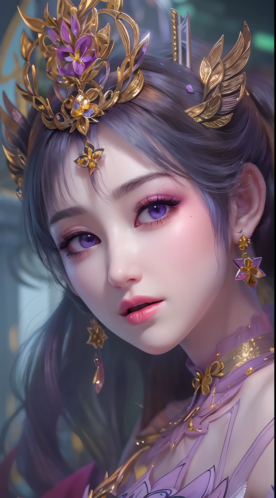1 20 year old girl, 1 goddess Athena, pink purple silk dress, beautiful goddess Athena face without blemishes, delicate yellow nightgown, long thin sequin nightgown with many sexy black lace details, female saint legend, female saint icon, beautiful goddess style glitter, dark and mysterious version, vermilion lips, plump red lips, not smiling, mouth closed, detailed and delicate images beautifully, delicate and beautiful lip detail, (pure and flawless face: 1.9), female saint body, moderate breasts, ((Super Breast Lift:1.4)), breasts are round and regular,super tight breasts, phoenix brooch, long flat bangs, (((double ponytail: 1.8))), flower stickers tattoo on forehead, beautiful clear face and well-proportioned eyes, (light purple eyes: 1.8), (big round eyes and makeup, sexy wet eye makeup, very beautiful and meticulous hair makeup, long and delicate blonde hair, delicate, body image: 1.8), figure: and vivid, (stars that make up the sky: 1.7), (the sky of heaven and the fictitious gate of time and space: 1.8), fictional art, RAW photos, hanfu photos, best photos, high resolution, best quality, best photos, best goddess quality, 8k female, super 8 single saint portraits, truest color schemes, masterpieces, best beauty brands, best hair jewelry, brand real photo, dark studio, border light, two-tone lighting, (rose white skin: 1.4), (high skin detail: 1.1), 8k uhd, soft light, 8k, high quality, candid, volume Smooth and sharp, 10x pixel increase, sexy goddess, (background space: 1.8), (most beautiful aurora eyes: 1.7), beautiful eyes, aurora beautiful and flowery, (beautiful single girl: 1.8), (more details:0.8),