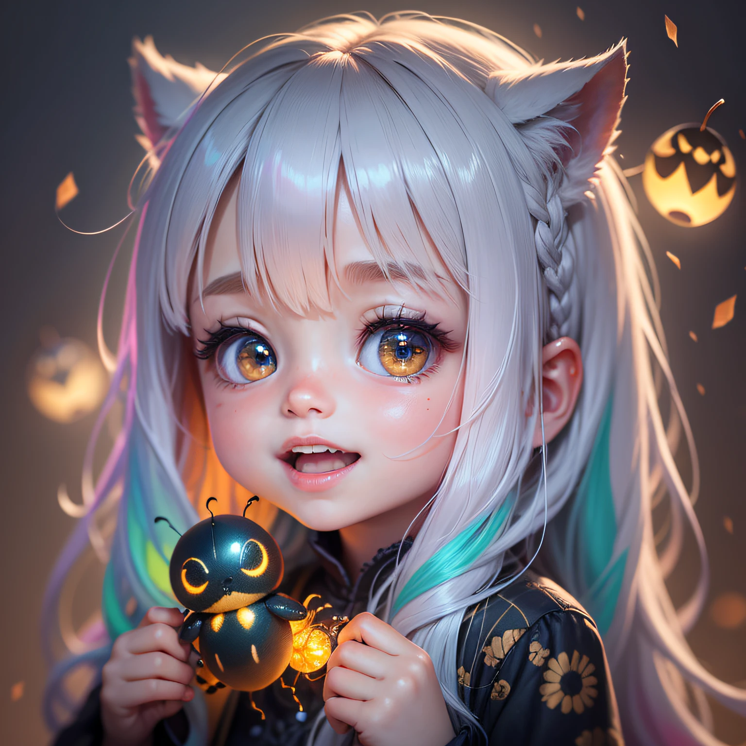 Real children, Human, blurryforeground, Close-up, Bokeh, f/1.2, Cinematic lighting, Mannerism, Textured skin, hyper HD, Masterpiece, retinas, A high resolution, Award-Awarded, Best quality, High details, Super detail, during night, Night light. Chibi from the sky: Children of Light, Energetic warm smile, White and beautiful teeth, Long rainbow-colored hair, With vibrant colors and whimsical details, Evoke a sense of wonder and magic. The color temperature is cool, very dark nights, Stand among a swarm of beautiful glowing fireflies,illuminated her, Chibi, on the other hand, wore an expression of joy. The soft lighting highlights the charm and innocence of the characters. --v 5 --stylize 1000, glowworm, Dynamic lighting, park, Flowers, Green grass, Lovely dress, Glowing particles, glowing firebugs, Dreamlike, dreamworks , Magical world,
