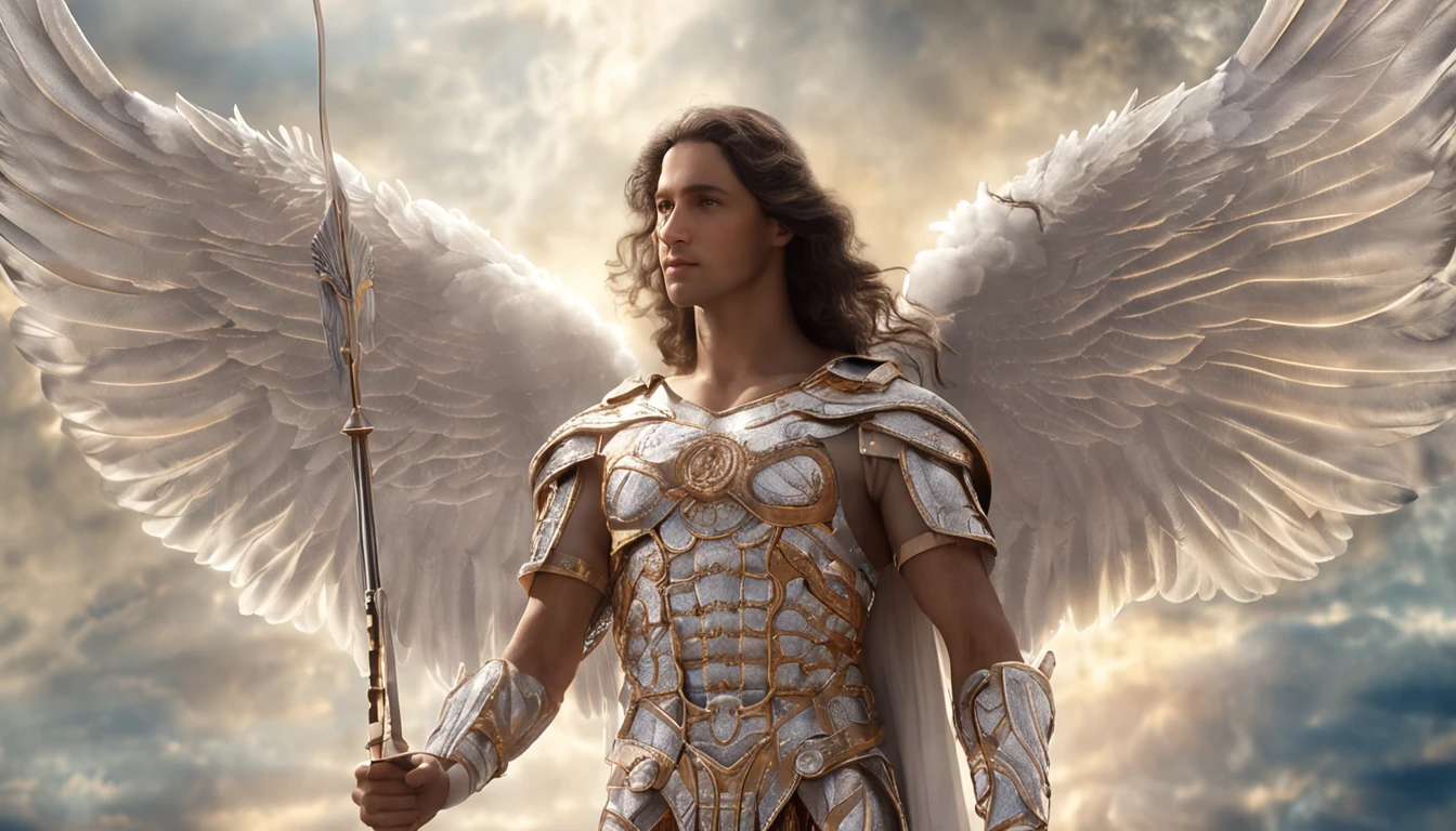 There is a painting of an angel with wings in the sky, Anjo majestoso de corpo inteiro, vestido com roupas brancas e vermelhas, biblical accurate angel, Arcanjo Miguel, anjo protegendo em guarda, angel spirit guide, angelic, Arcanjo Miguel, humano alado, epic angel wings, anjo lindo, anjo, being brilliant angelic, angelic, Tema de anjo, Alto Anjo tiro distante, Biblical setting, anjo guerreiro, with a spear in his hand, vestes vermelhas estilo soldado romano, anjo aparentando idade de 40 anos e majestoso, um personagem masculino, o arcanjo Miguel, imagem celestial, detalhes intricados, realista, asas ROSAS e grandes, angelic background, Catholic illustrative image of the archangel Michael, Male character of the Bible, Michael is wearing his angelic armor, cosmic background, Illumination in the Archangel and in the background, imagem do corpo todo do anjo, Maximum detail and his angelic face and wings, pele perfeita realista, Maximum image quality, Miguel ele esta destacado na imagem com cores fortes e chamativas.