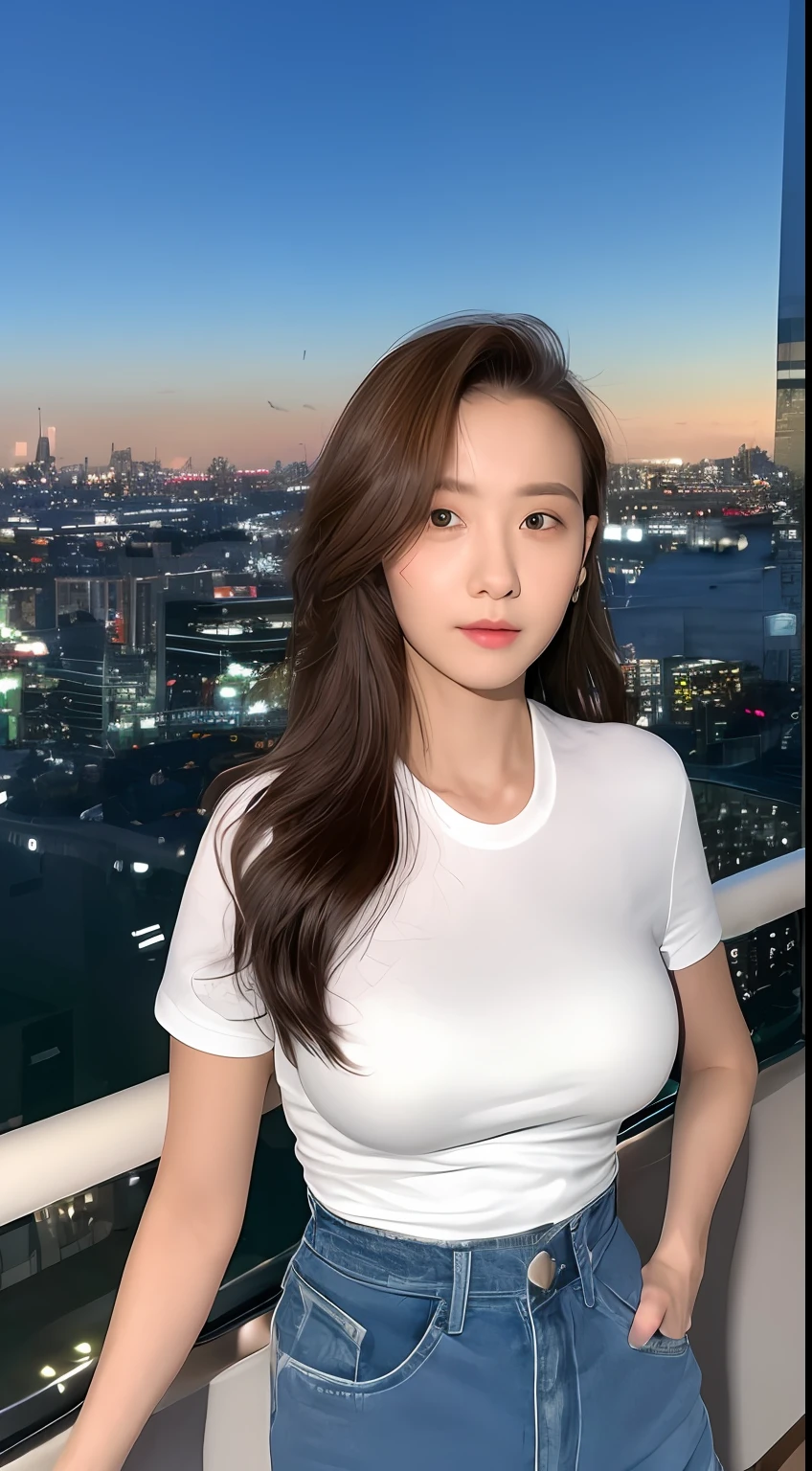 ((Midnight, Best quality, 8k, Masterpiece :1.3)), Whole body, Long legs, Sharp focus :1.2, A pretty woman with perfect figure :1.4, Slender abs :1.1, ((Dark brown hair,Gigantic breasts :1.2)), (White tight tshirt, Jean bib, Standing:1.2), ((Night city view, Rooftop:1.3)), Highly detailed face and skin texture, Detailed eyes, Double eyelid