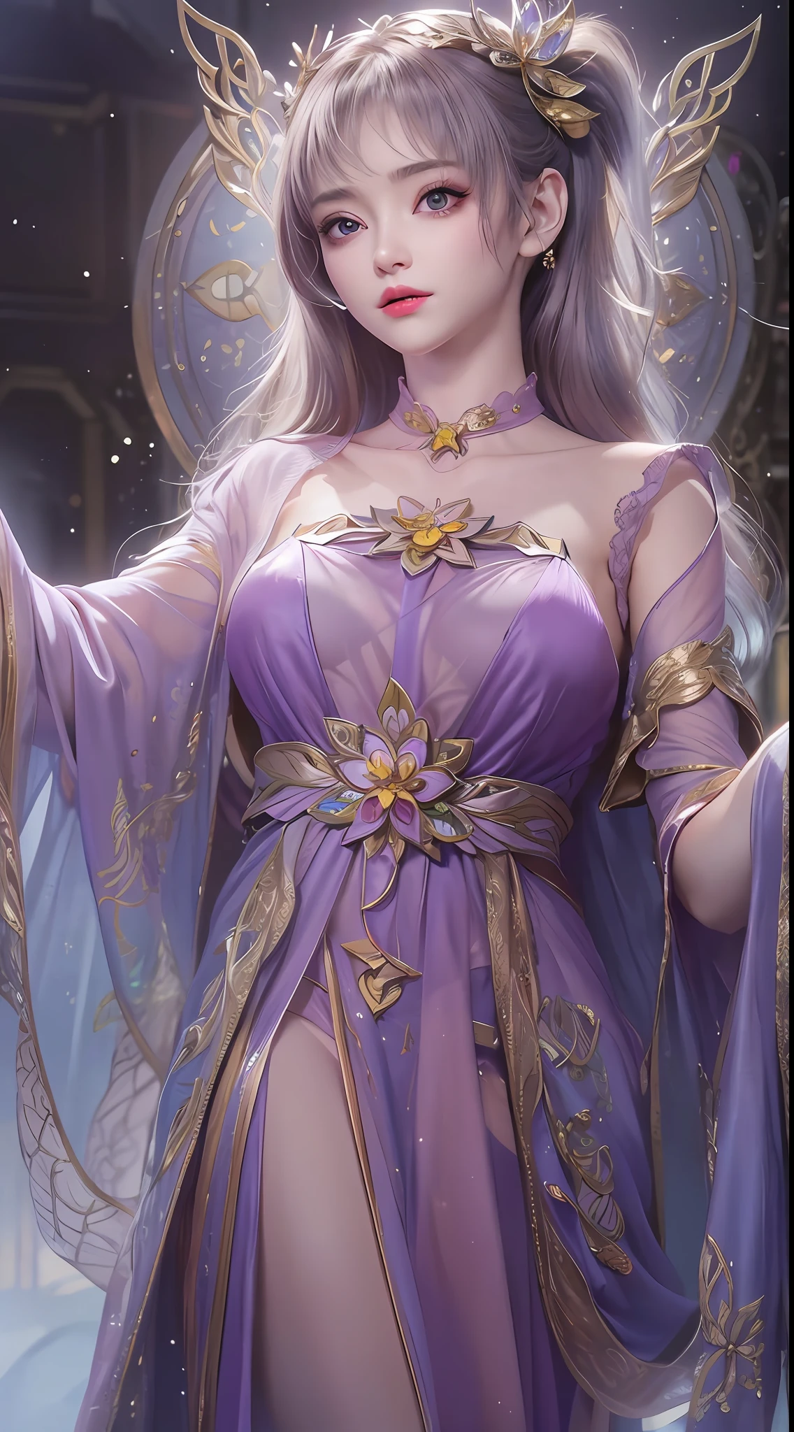 1 20 year old girl, 1 goddess Athena, pink purple silk dress, beautiful goddess Athena face without blemishes, delicate yellow nightgown, long thin sequin nightgown with many sexy black lace details, female saint legend, female saint icon, beautiful goddess style glitter, dark and mysterious version, vermilion lips, plump red lips, not smiling, mouth closed, detailed and delicate images beautifully, delicate and beautiful lip detail, (pure and flawless face: 1.9), female saint body, moderate breasts, ((Super Breast Lift:1.4)), breasts are round and regular,super tight breasts, phoenix brooch, long flat bangs, (((double ponytail: 1.8))), flower stickers tattoo on forehead, beautiful clear face and well-proportioned eyes, (light purple eyes: 1.8), (big round eyes and makeup, sexy wet eye makeup, very beautiful and meticulous hair makeup, long and delicate blonde hair, delicate, body image: 1.8), figure: and vivid, (stars that make up the sky: 1.7), (the sky of heaven and the fictitious gate of time and space: 1.8), fictional art, RAW photos, hanfu photos, best photos, high resolution, best quality, best photos, best goddess quality, 8k female, super 8 single saint portraits, truest color schemes, masterpieces, best beauty brands, best hair jewelry, brand real photo, dark studio, border light, two-tone lighting, (rose white skin: 1.4), (high skin detail: 1.1), 8k uhd, soft light, 8k, high quality, candid, volume Smooth and sharp, 10x pixel increase, sexy goddess, (background space: 1.8), (most beautiful aurora eyes: 1.7), beautiful eyes, aurora beautiful and flowery, (beautiful single girl: 1.8), (more details:0.8),