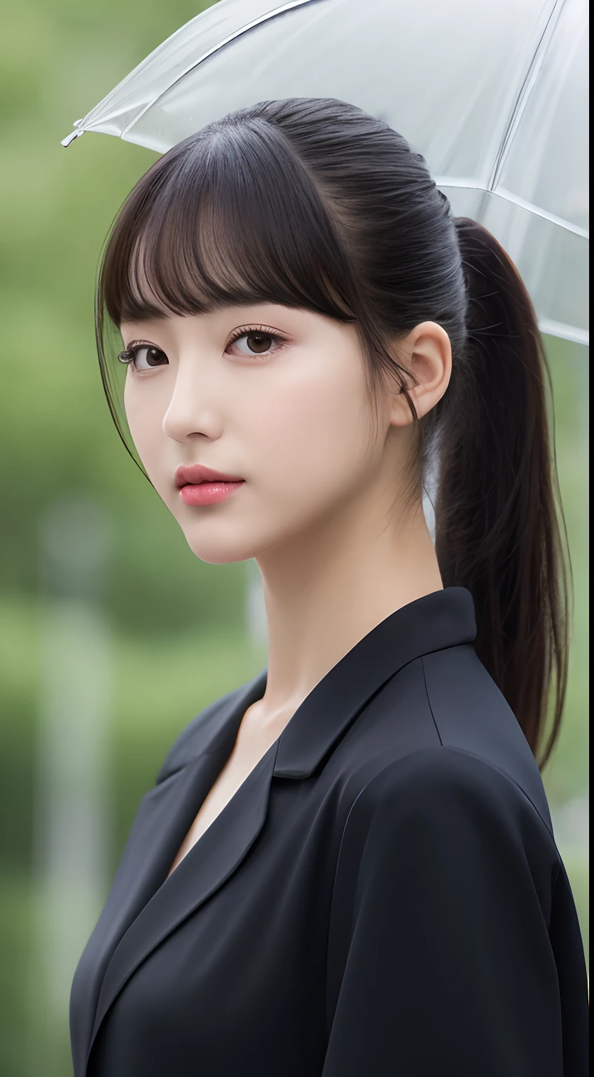 raining day,With a transparent umbrella,Black high ponytail,figure eight bangs,Black eyes,Single Eyelids,Perfect body proportions,tall nose bridge,E-chest