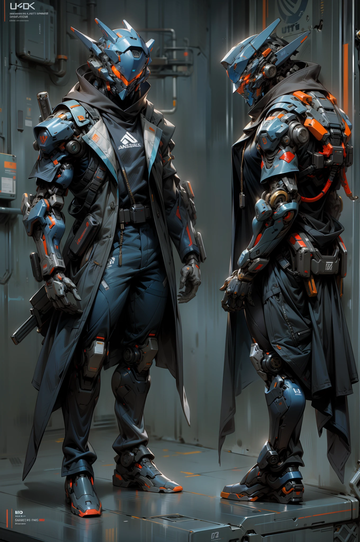 1man, solo, ((color:dark blue)), blue chrome mecha, cyberpunk assassin, full body panel, best quality, masterpieve, UHD, anatomically correct
