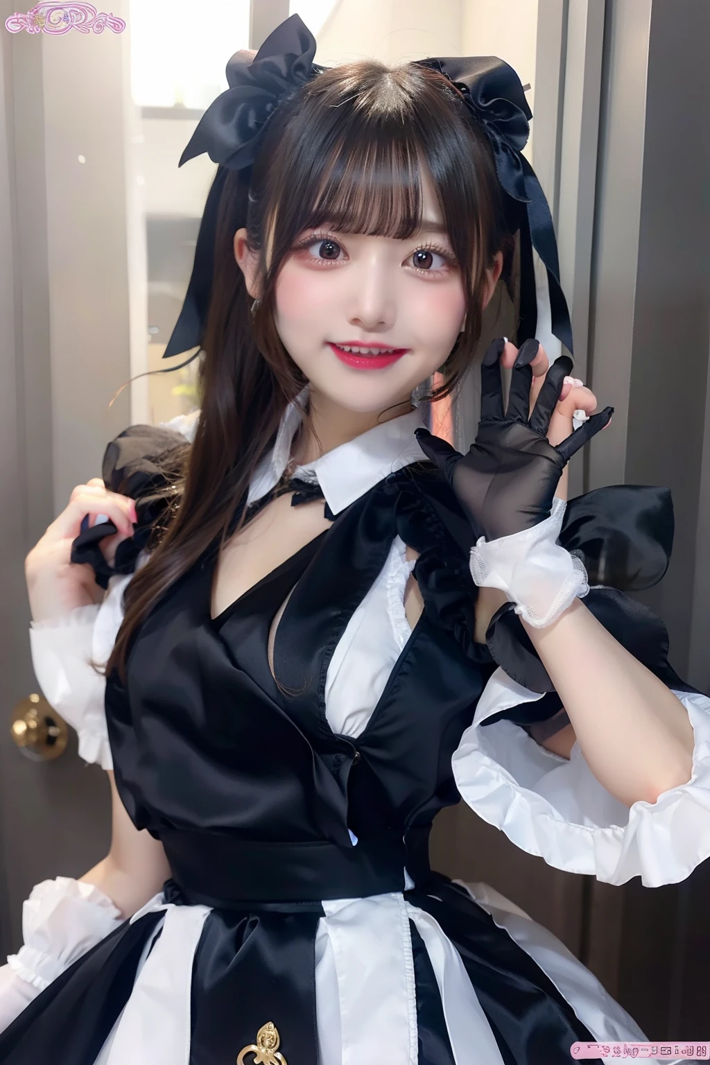 idol、frills skirt、satin、bow ribbon、huge tit