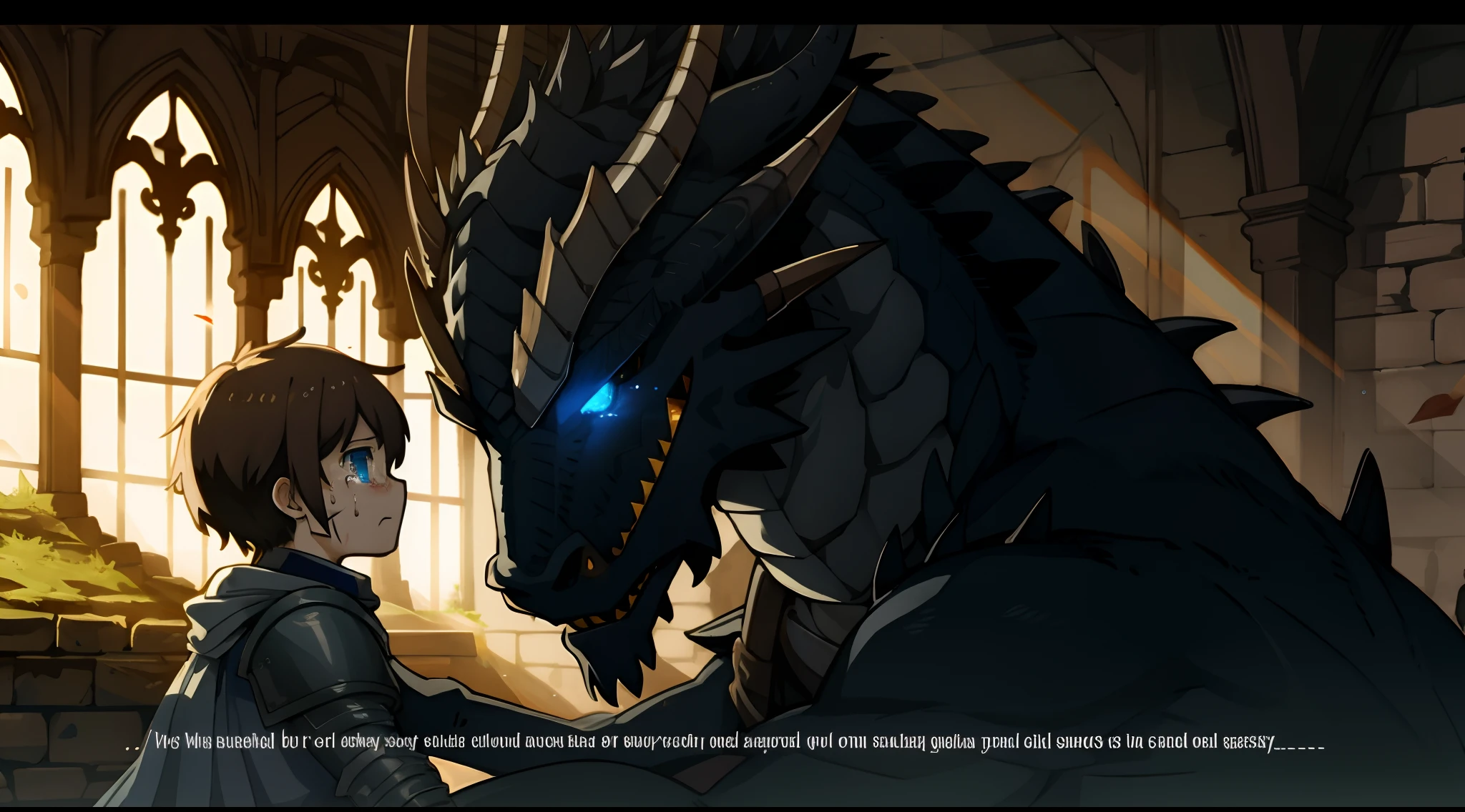highres, top quality, best quality, paid reward available, High-quality illustrations, unparalleled masterpiece, The Decaying Demon King's Castle, absurdres, height difference, large demon hugs girl((movie of a Dragon and human child girl))Female Warrior, Wounded Armor, hopelessness, tears, Fatigue(beautiful detailed eyes and face)caustics, dynamic lighting, deep shadow, cinematic shadow, lens flare, cinematic angle, subtitles, English text,