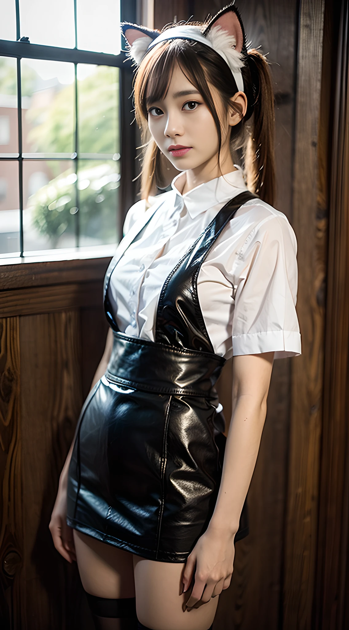 (1girl), cute, , looks pure, 4k, RAW photo, (photo realistic:1.37), ultra high res, best quality, small round face, big eyes, extremely detailed face, extremely detailed eyes, slender, slender legs, slim long legs, from below, depth of field, (background:luxury condominium:1.1), shy smile, blush,　professional lighting, photon mapping, shiny skin, face lights, natural shading, Very realistic skin texture, BREAK (wearing miniskirt maid uniform), (wearing thigh-high socks:1.1), BREAK (wearing cat ear headband and cat tail:1.3), BREAK (long black hair with twin tail and bangs),