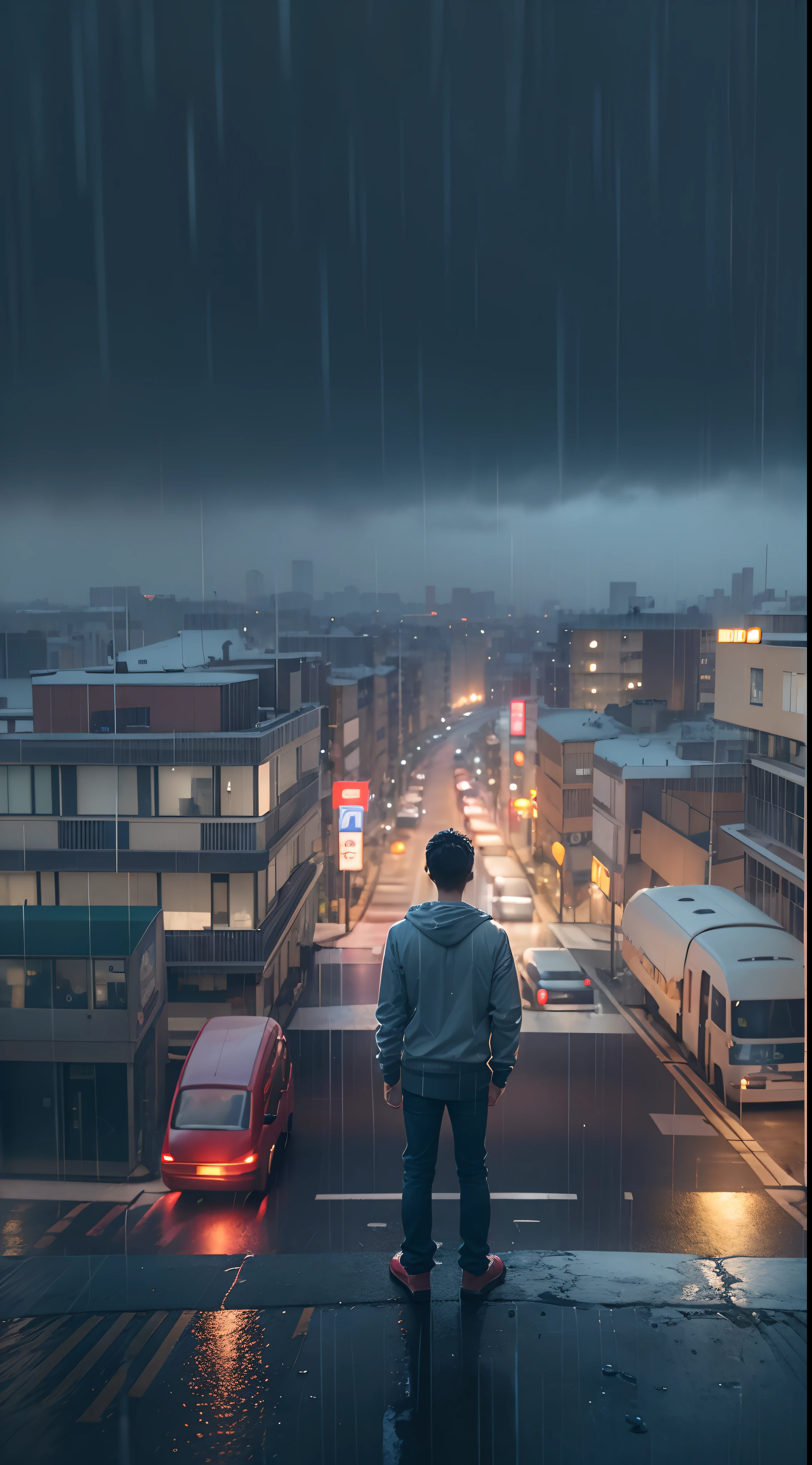A 18 year old boy standing on the middle of main road, seeing on the city side,back view, Rain, cinematic lighting, city, metrocity, colorful, evening view, poor boy, middle class boy, full body, 10m distance of the camera, lower camera angle, Realistic, UHD, masterpiece