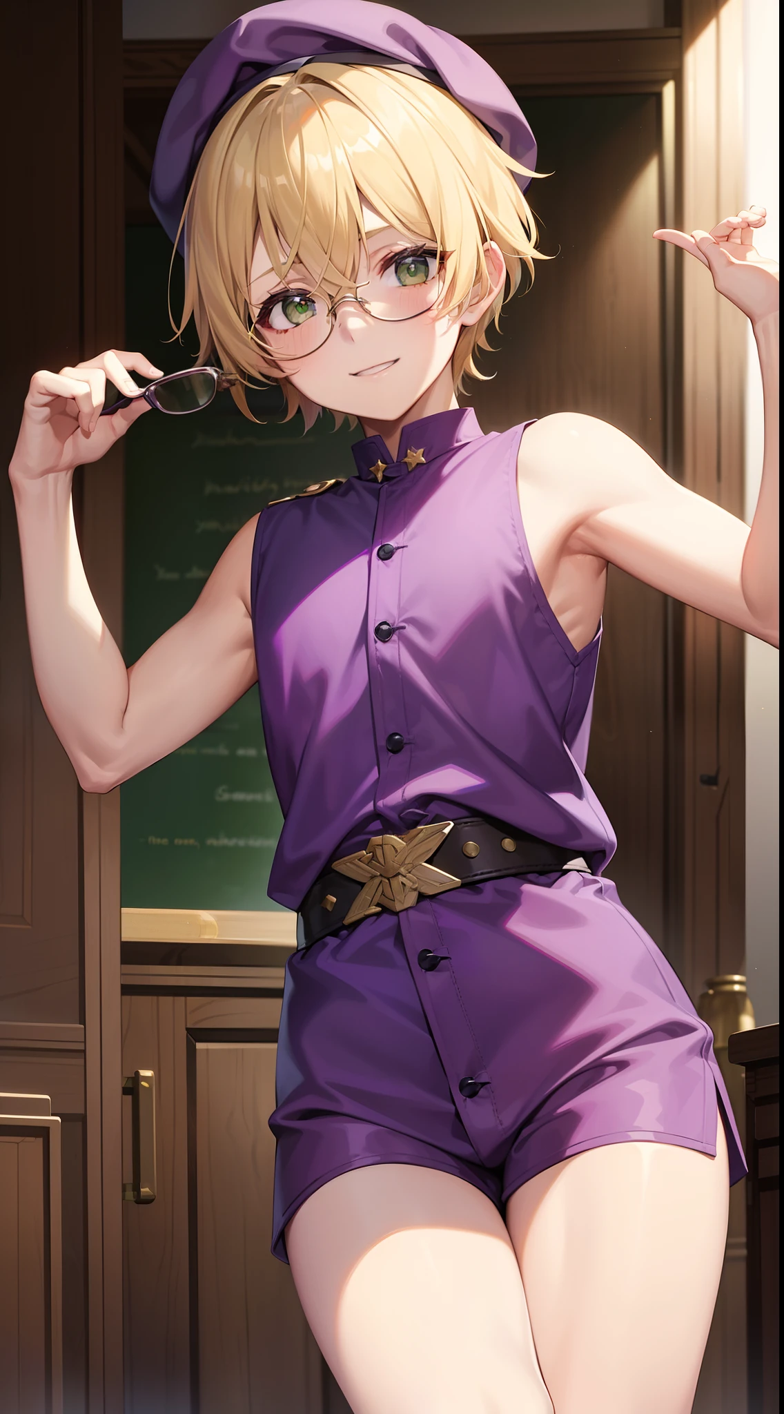 young boy, short blonde hair, Green eyes, Purple robe, Sleeveless, Shorts, pilot's glasses on his head, ssmile, Masterpiece, hiquality