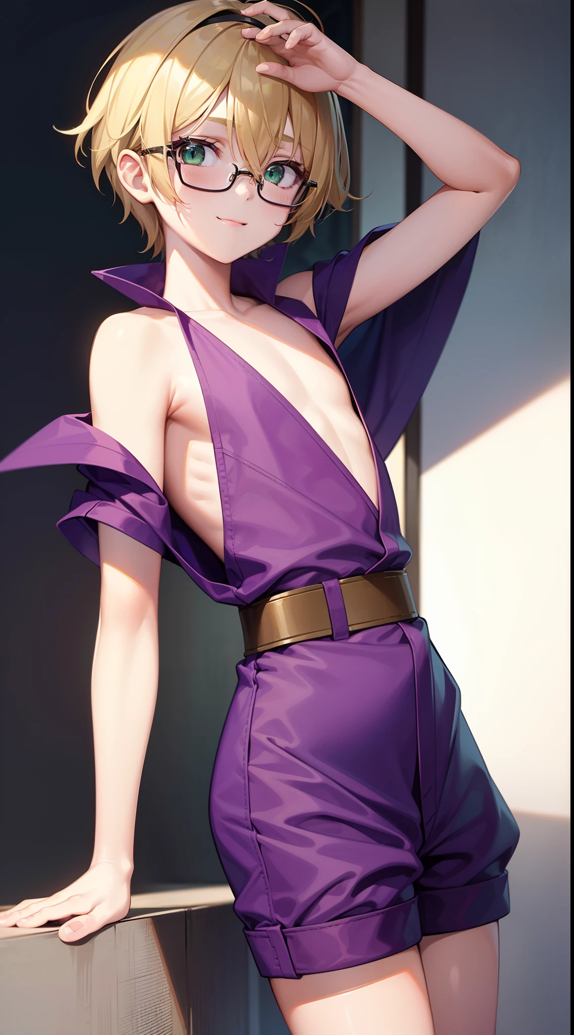 young boy, short blonde hair, Green eyes, Purple robe, Sleeveless, Shorts, pilot's glasses on his head, ssmile, Masterpiece, hiquality