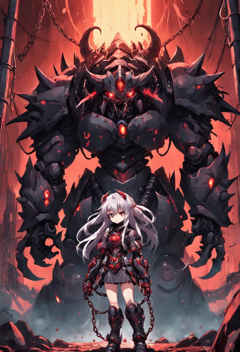 monster girl, ((dark)), ((blood power armor)), ((lots of chains))