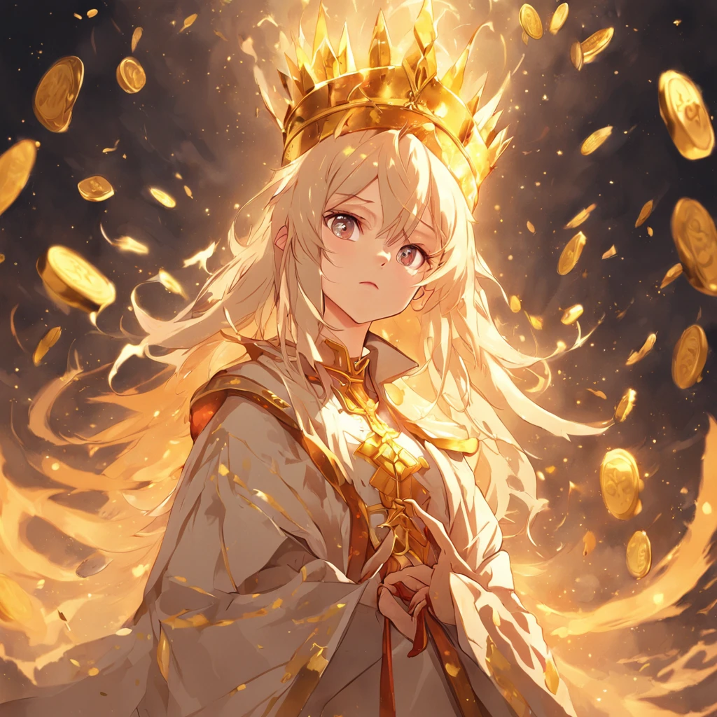 The female pope wears a golden crown and a phoenix robe,holding a phoenix scepter and a magic bok. She is surounded by a dazling display of gold coins and has long golden hair