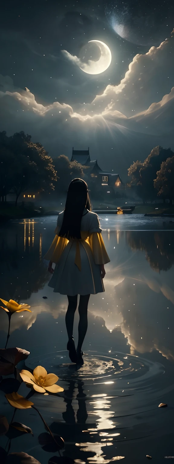 One in a white dress(bit girl:1.5)Look up at the stars,(Stand on the shore:1.1),at the lakes,facing away from the audience,Dark black(Long flowing hair:1.2),The vast night sky has many shining stars,(A round of brilliance(themoon:1.2)Hang high in the night sky),The clear moonlight rippled through the clouds on the water,(The reflection of the ancient town buildings appears on the water),The surface of the water is illuminated by moonlight,Boats on the river,(ultra-wide-angle),(The vertical picture is wide),(Highlight the vastness of the night sky),(Map of Jiangnan Water Town),There is a visual effect of the wind blowing in the air,From the bottom point of view,Melancholic tones,(There are small yellow flowers:1.1),(light and shadow effect),(Depth of field effect),(Tyndall),(Light particle tracing),(Motion picture film effects),(rendering by octane),(CG),(Cinematic lighting visuals),(vivd colour),(Obvious layers),(Photography Award),(8k wallpaper),(Master painting),(Masterpiece),(best qualtiy), photorealestic,realisticlying,Ray