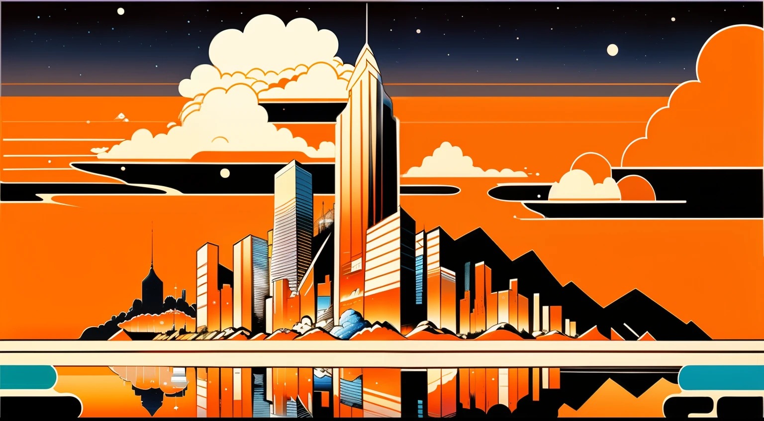 Intricate painting details of city skyline reflecting in the water of a bay in front by range murata, galaxy in background, Clouds, vivid colour, High contrast, Mountain, vector line art, orange highlights, trending in pixiv, anime concept art, Stick, Mattire, high high quality, Edge to edge, Sanskrit