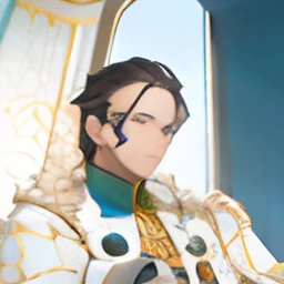 a closeup of a man sitting on a throne with a crown on his head, handsome androgynous prince, casimir art, handsome face in demon slayer art, delicate androgynous prince, akira royal costume, detailed anime character art, portrait of a king, official art, portrait of the emperor of humanity, royal elegant pose, official character art, handsome prince, brown open eyes, beautiful eyes, fix the eye