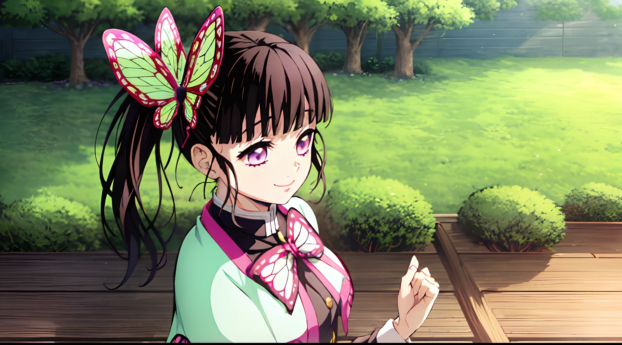 Kimetsu no Yaiba style, 1girl, Butterfly hair decoration, hair ornament, butterfly, bug, Demon Slayer Uniform, 独奏, violet eyes, Side ponytail, Butterfly in her arms, Smile, black hair, white capelet, cape, exteriors, Bangs, a tree, fence, anime coloring, ((Masterpiece))