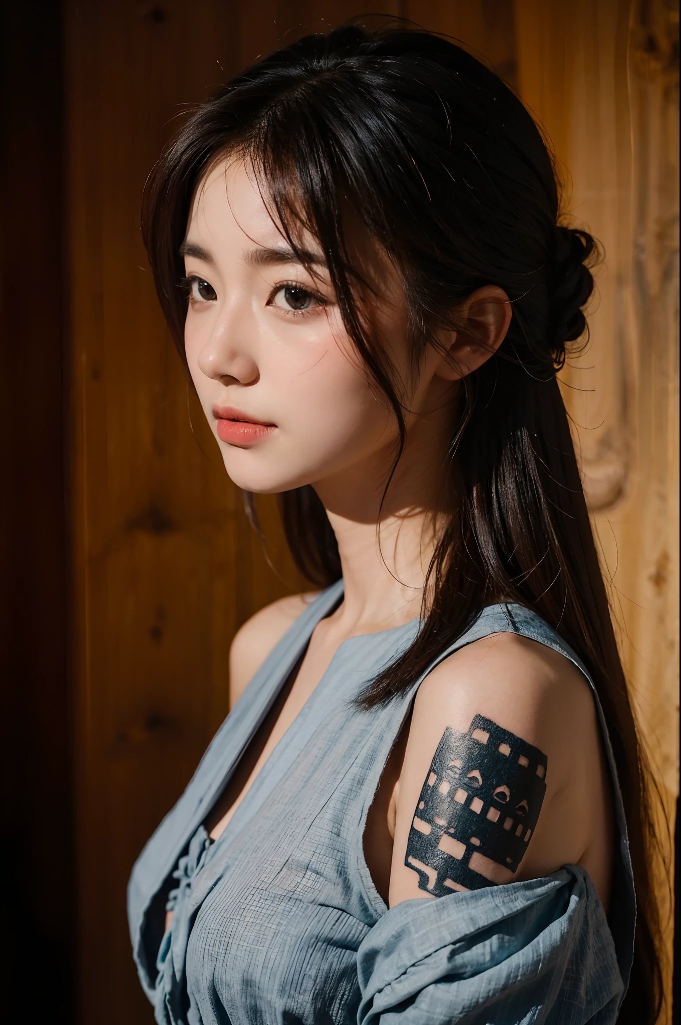 Sweet girl,Draped with hair,Natural expression,Tattooed with,shift dresses,Easter Island,超高分辨率,Master shots,8K,