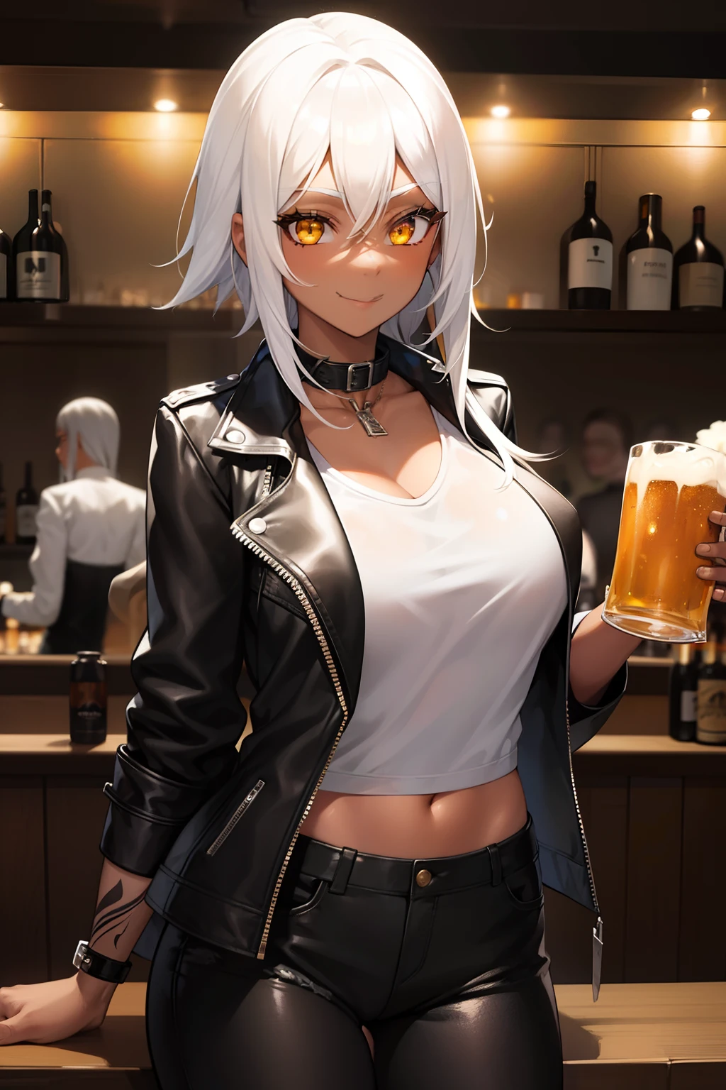 girl, white hair, black skin, yellow eyes, black skin, wears black leather jacket, white shirt, short jeans in a bar, holding a beer mug, tattoed arm, ,smiling, biker gang in the background, alcohol, face drunk, 4k, good anatomy, play master, detailed face, whin