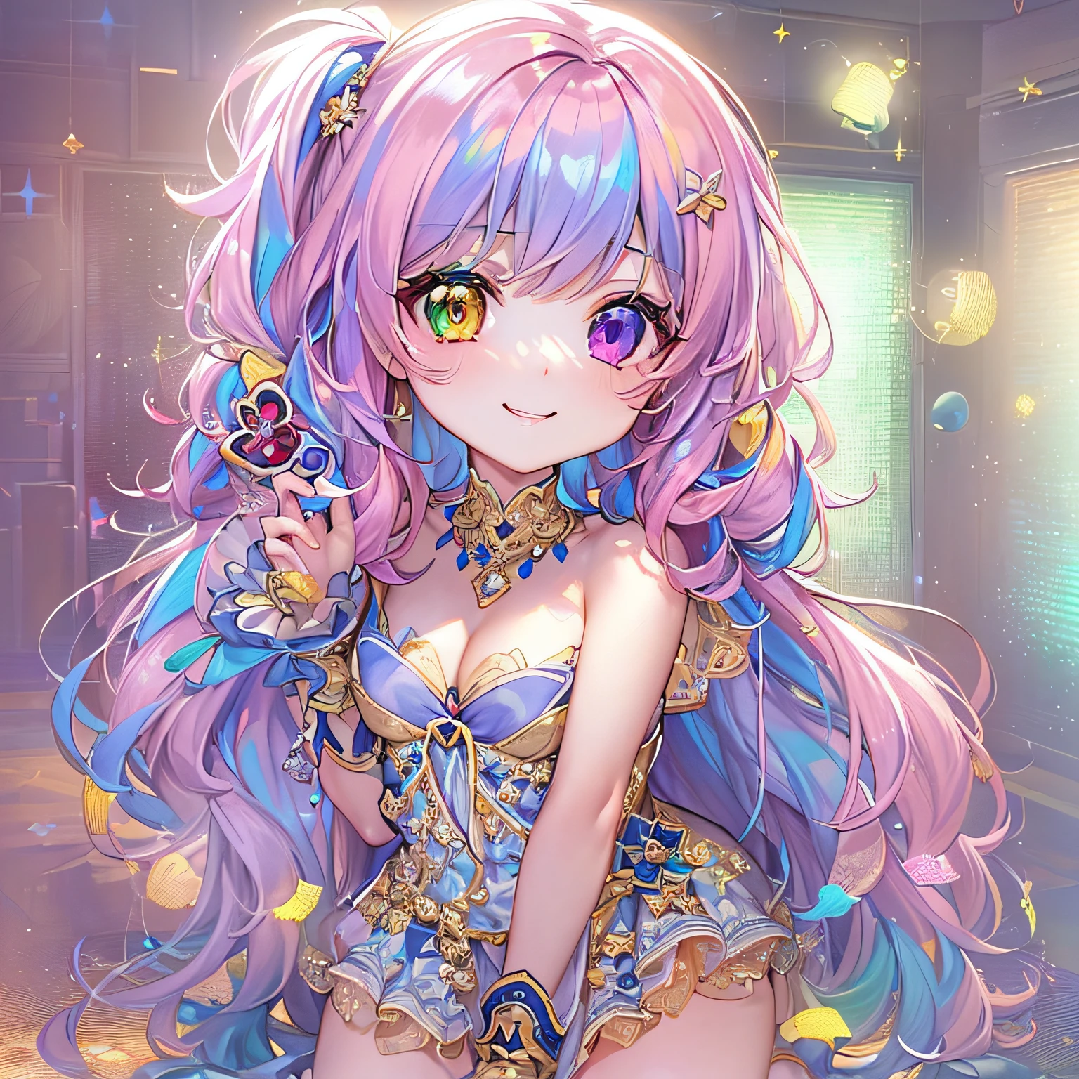 (tchibi:1.5)、((masutepiece, of the highest quality, water color art (Pendants), Beautiful and aesthetic: 1.2)), (Golden ratio: 1.2), (full bodyesbian: 1.2), (Super detail: 1.3), (1 girl in: 1.3), (Fractal art: 1.3), (Glitter Pupil)),(eye glass:1.5) ,(rainbow colour hair, Colorful hair, Half light blue and half pink hair: 1.2)),  (Heterochromia), (Colorful: 1.5), (((Shy face)),  (full body Esbian), (Hyper-detailing), ((exquisitedetails)), (intricately details), ((Cinematic light, Highest quality backlight)), High contrast, ((The best lighting, Very delicate and beautiful)), (( Cinematic light)), (ray-traced reflection, Glow), (((Glowing aura)), ((Glowing hair)), ((Super detail)), (8K)), ((closeup cleavage)),  ((Seductive smile)) ,((full body shot of))、(tchibi:1.5)