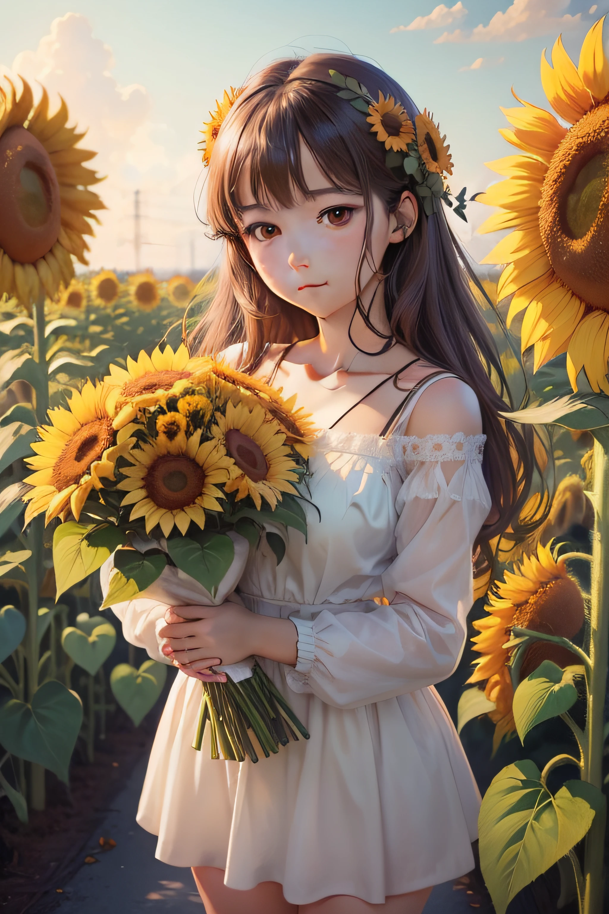 masterpiece:1.2, 8k, photorealistic:1.37, cute girl, sparkling eyes, shining lips, beautiful detailed eyes, beautiful detailed lips, long eyelashes, flowing hair, joyful expression, vibrant dress, sitting on a grassy field, surrounded by colorful sunflowers:1.2, wearing a stylish hat, a warm and sunny day, soft natural lighting, vivid colors, medium: oil painting, ultra-detailed, realistic, bokeh, dynamic action,