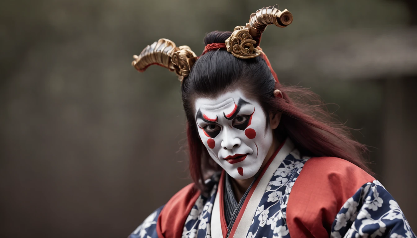 Kabukiza,Kabuki actor,ember,male people,Kime Pose,Long hair,Scary face,The background is the stage,a cool,realisitic,a picture,