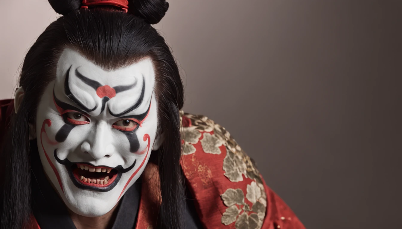 Kabukiza,Kabuki actor,ember,male people,Kime Pose,Long hair,Scary face,The background is the stage,a cool,realisitic,a picture,