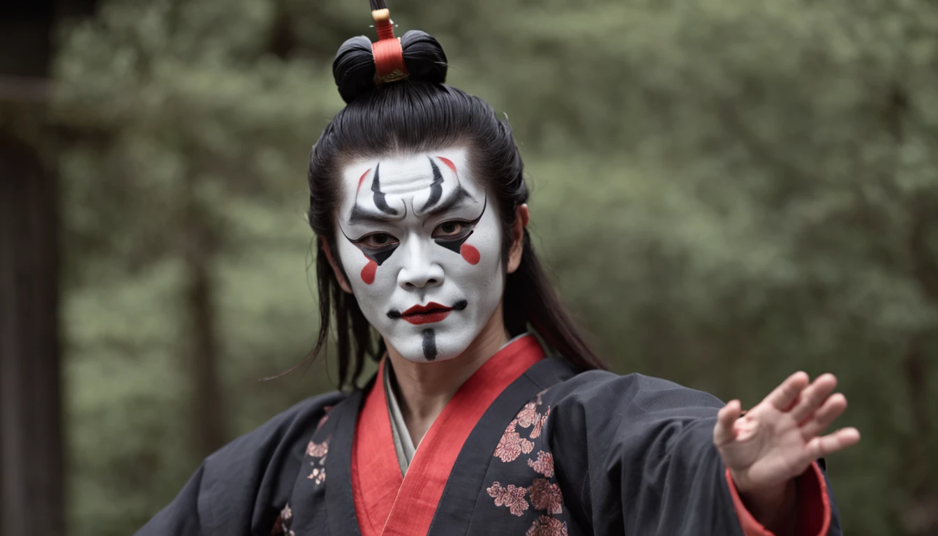 Kabukiza,Kabuki actor,ember,male people,Kime Pose,Long hair,Scary face,The background is the stage,a cool,realisitic,a picture,