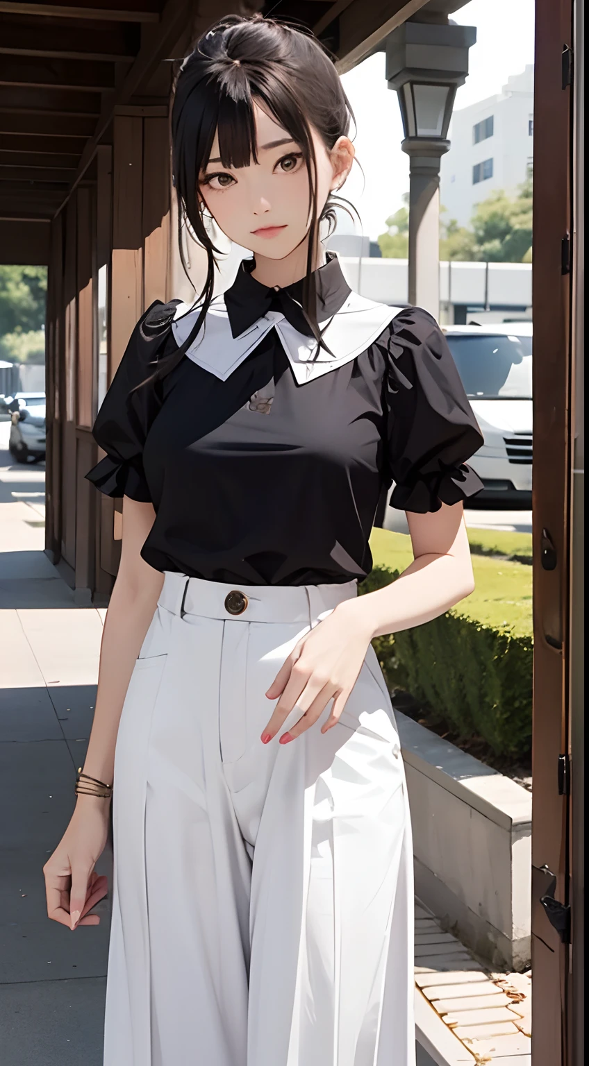 Short sleeve shirt with soft puff sleeves. Large collar design that makes the neckline look neat. A versatile item that changes the impression depending on the bottoms to be matched, Long skirts, etc., Shorts, and wide pants.