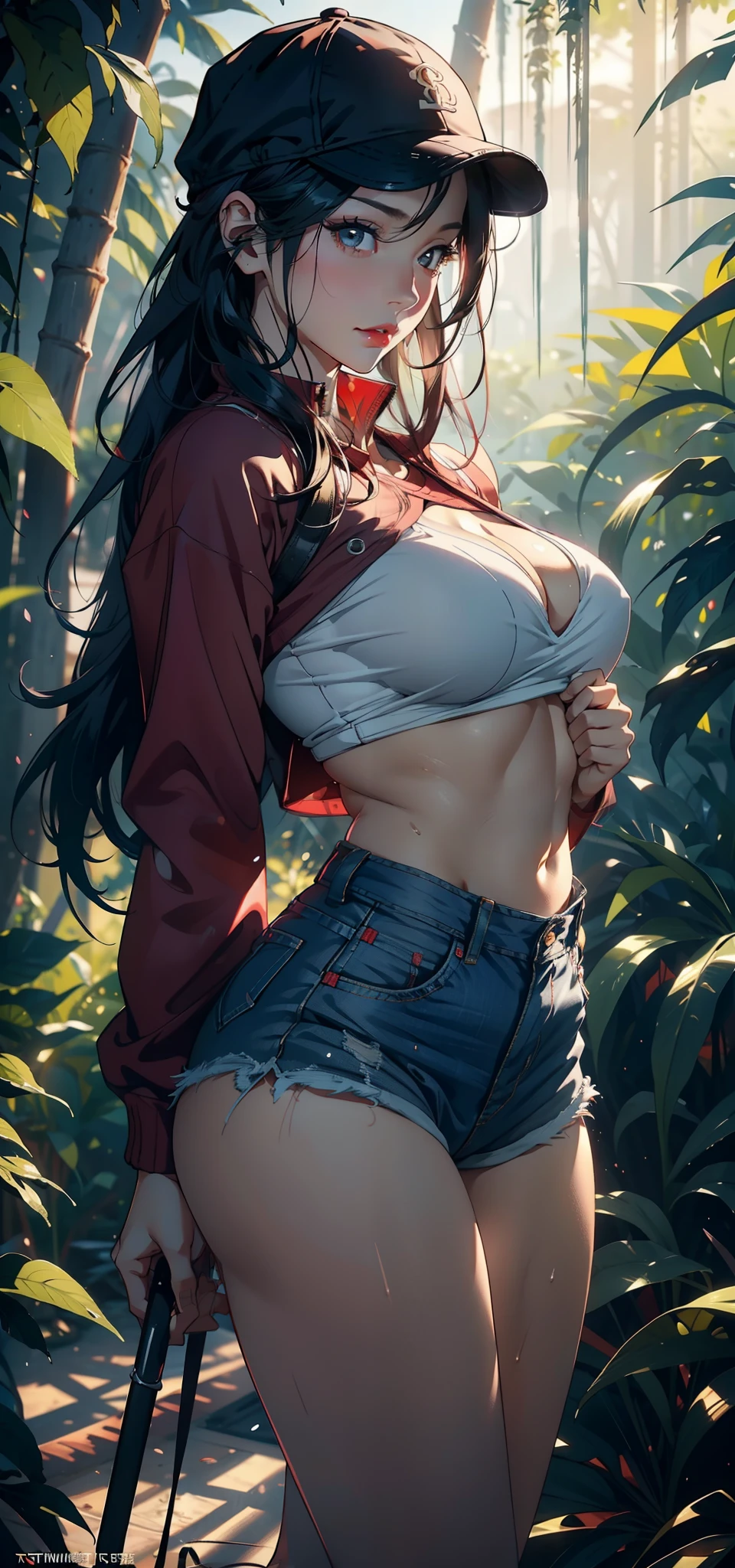 1female,36 years old,熟妇,mature,Bigchest,Big breasts Thin waist,slenderlegs,long leges,Busty and sexy,Pornographic exposure, 独奏,(Background with:bamboo forrest,clubs) She has long pink hair,standing on your feet,Sweat profusely,drenched all over the body,seen from the front, hair straight, mostly cloudy sky,(((tmasterpiece),(Very detailed CG unity 8K wallpaper),best qualtiy,cinmatic lighting,detailed back ground,beatiful detailed eyes,Bright pupils,(Very fine and beautiful),(Beautiful and detailed eye description),Black eyes,Redlip,ultra - detailed,tmasterpiece,)),facing at camera,(The upper part of the body),A high resolution,ultra - detailed),revealing breasts,Bare genitalia, Bulge,legs are open,sexyposture,Camel toes,Flushed complexion,Open-mouthed,frontage,(Wearing:baseball cap,Red baseball jacket,Sexy denim skirt,athletic sneakers)