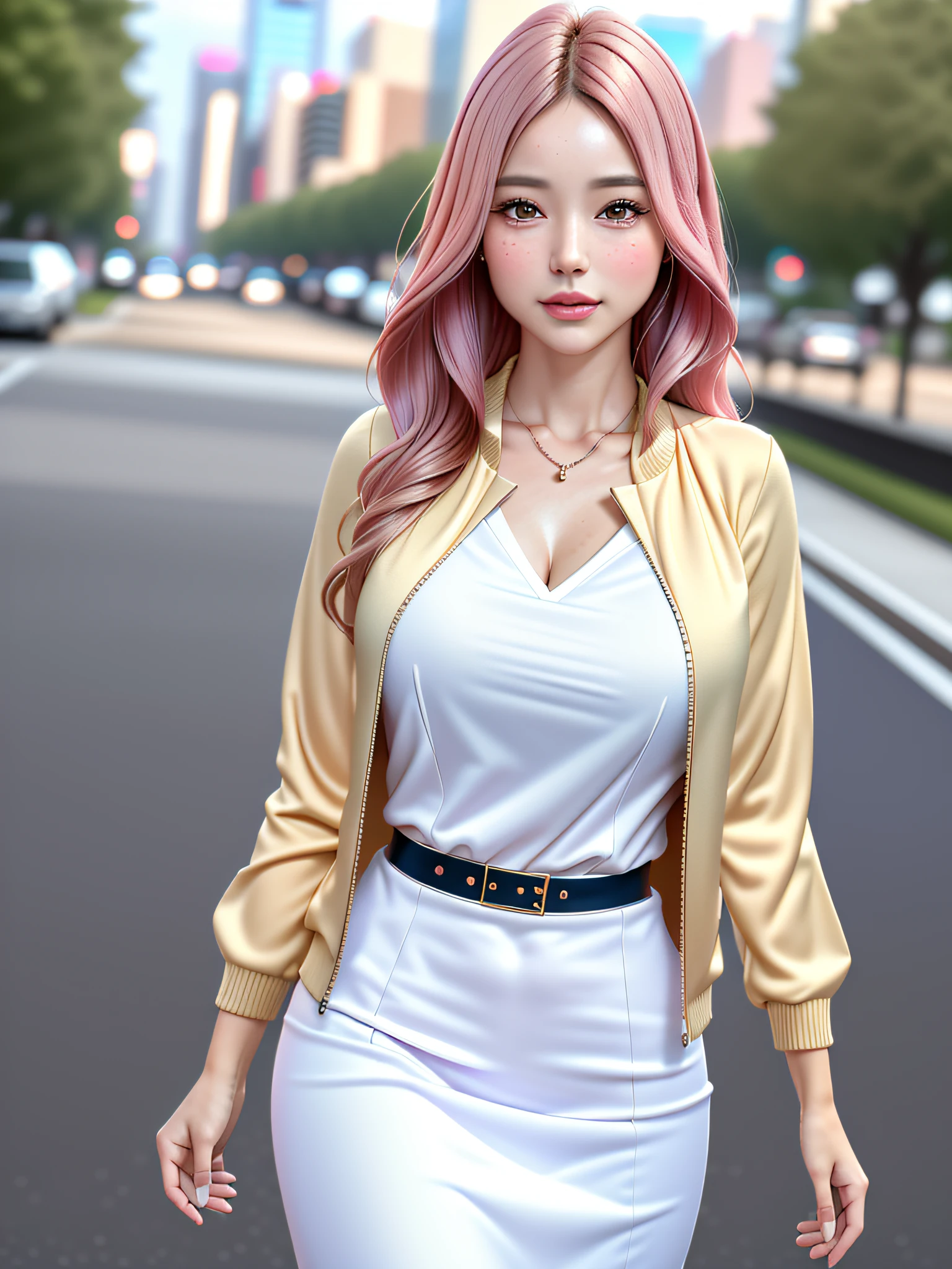(Best quality, 8k, 32k, Masterpiece, UHD:1.2), (realistic:1.5), (masterpiece, Extremely detailed CG unity 8k wallpaper, best quality, highres:1.2), (ultra detailed, UHD:1.2), (face focus:1.3), Photo of extremely cute and beautiful Japanese woman, 1girl, Beautiful face, (photo realistic:1.3), rim lighting, (high detailed skin:1.2), 8k uhd, dslr, high quality, high resolution, 4k, 8k, Bokeh, absurdres, best ratio four finger and one thumb, (realistic:1.3), cute 1girl, wearing a detailed formal weather news caster outfit:1.5, pink blouse:1.3, blue zip-up cardigan:1.3, beige flared skirt:1.3, medium-large breast:1.25