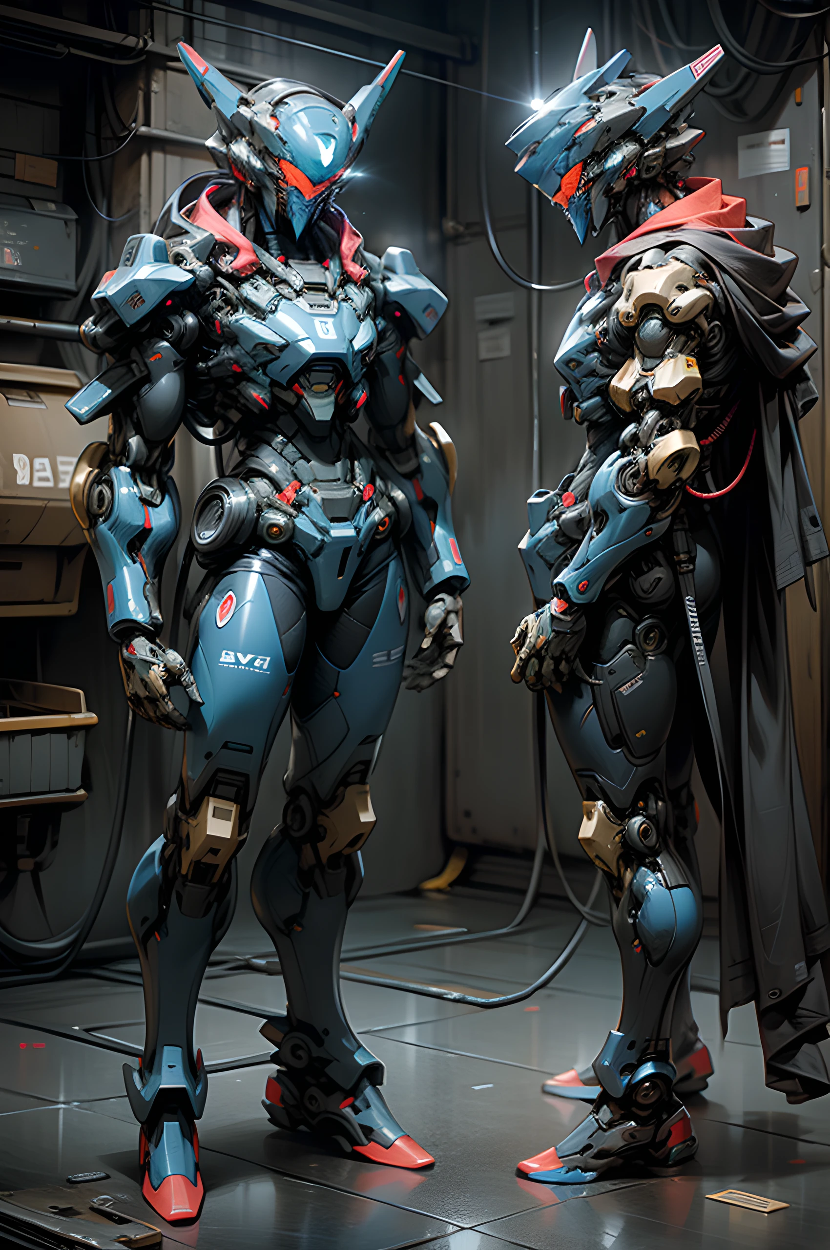 1man, solo, ((color:dark blue)), blue chrome mecha, cyberpunk assassin, full body panel, best quality, masterpieve, UHD, anatomically correct
