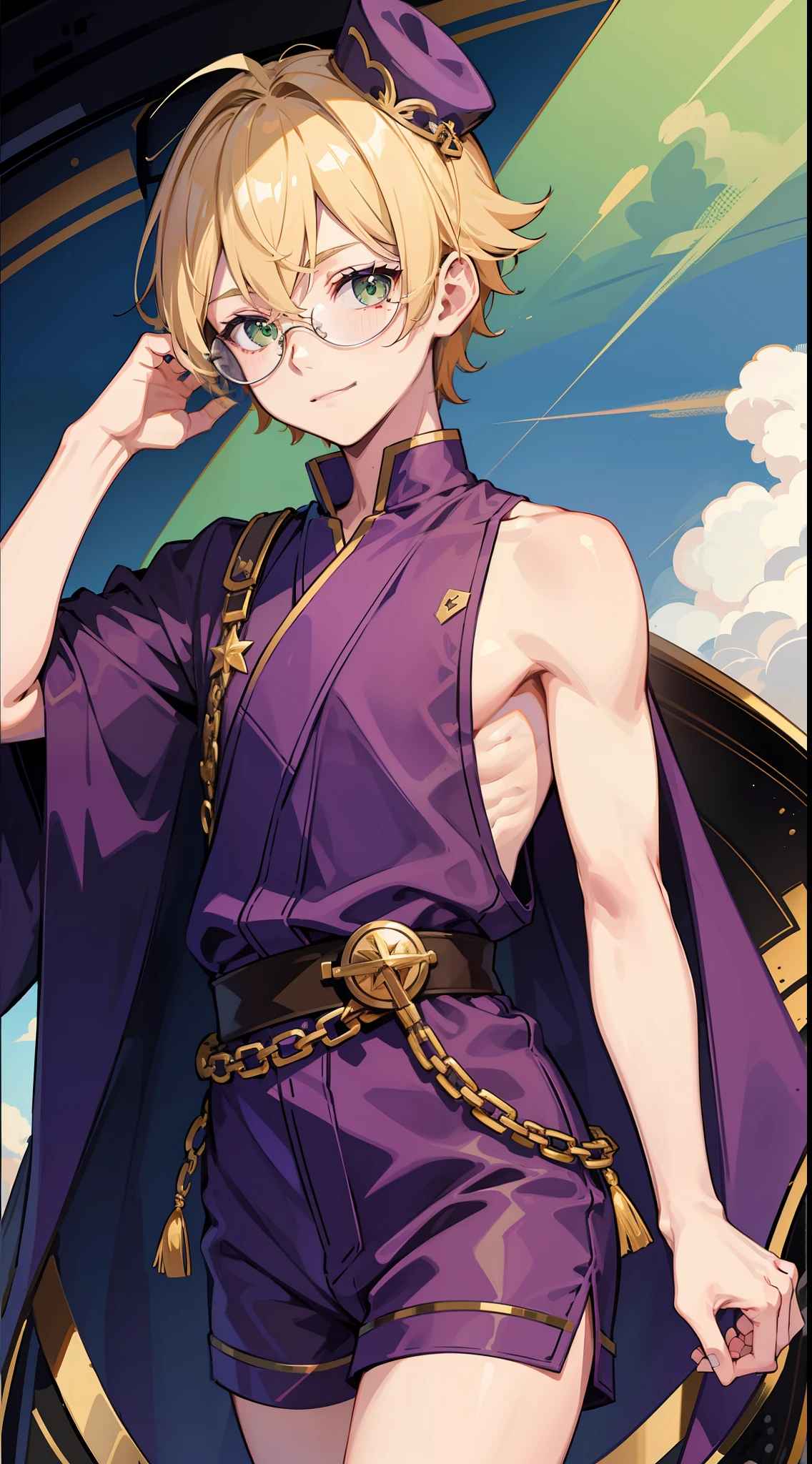 young boy, short blonde hair, Green eyes, Purple robe, Sleeveless, Shorts, pilot's glasses on his head, ssmile, Masterpiece, hiquality