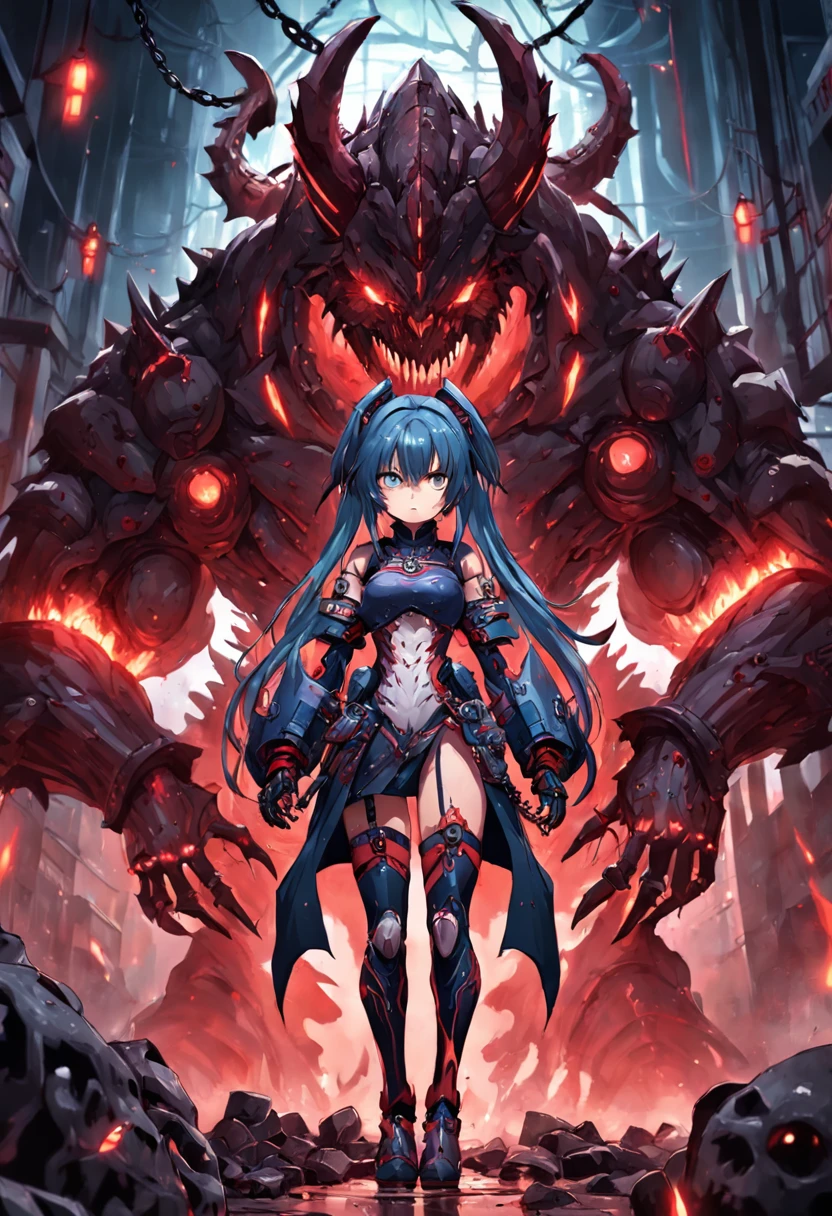 ((monster girl)), ((dark)), (blood power armor), ((lots of chains))