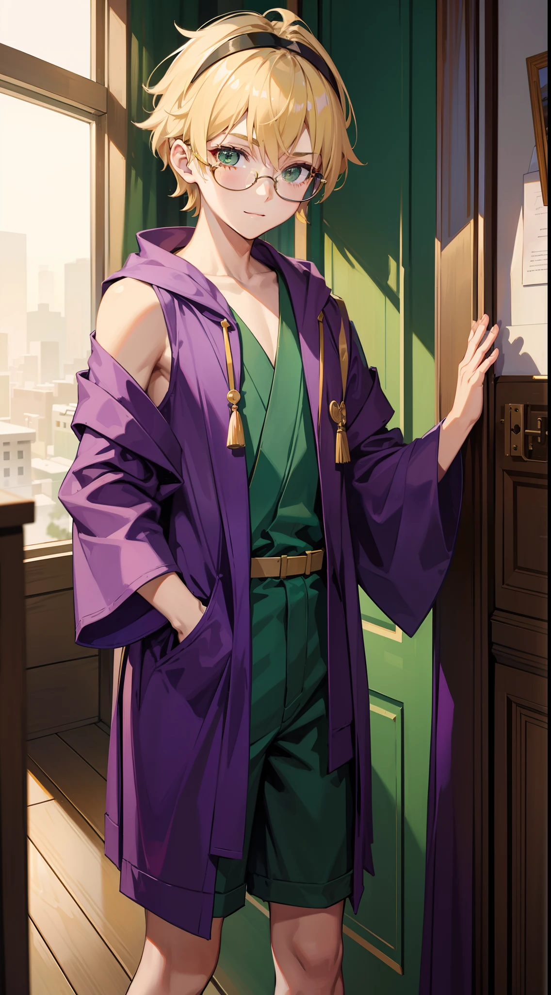 young boy, short blonde hair, Green eyes, Purple robe, Sleeveless, Shorts, pilot's glasses on his head, ssmile, Masterpiece, hiquality