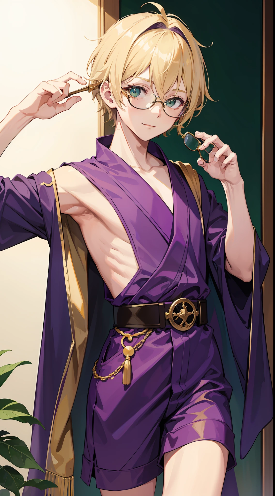 young boy, short blonde hair, Green eyes, Purple robe, Sleeveless, Shorts, pilot's glasses on his head, ssmile, Masterpiece, hiquality