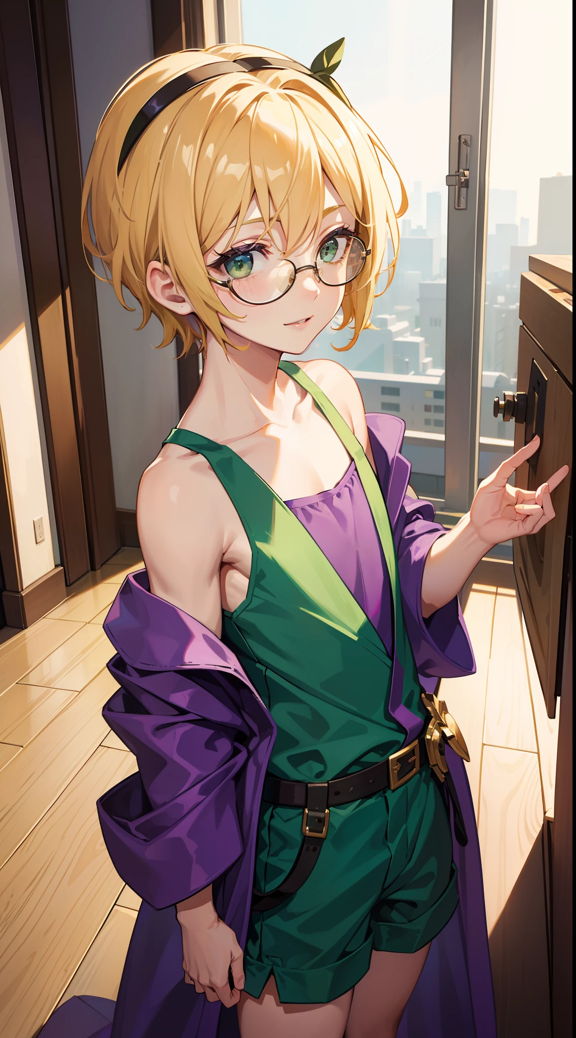 young boy, short blonde hair, Green eyes, Purple robe, Sleeveless, Shorts, pilot's glasses on his head, ssmile, Masterpiece, hiquality