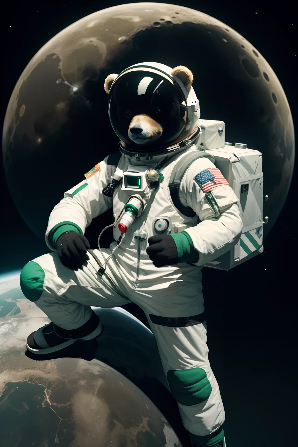 Cute teddy bear
Astronaut element
Black and white color scheme
Green accent
Realistic style
Bear in Chinese astronaut suit
Space themed avatar
A virtual character with a semaphore
Space Explorer avatar
3D character design with cat and astronaut elements,looking at the Earth from the Moon,Super detailed