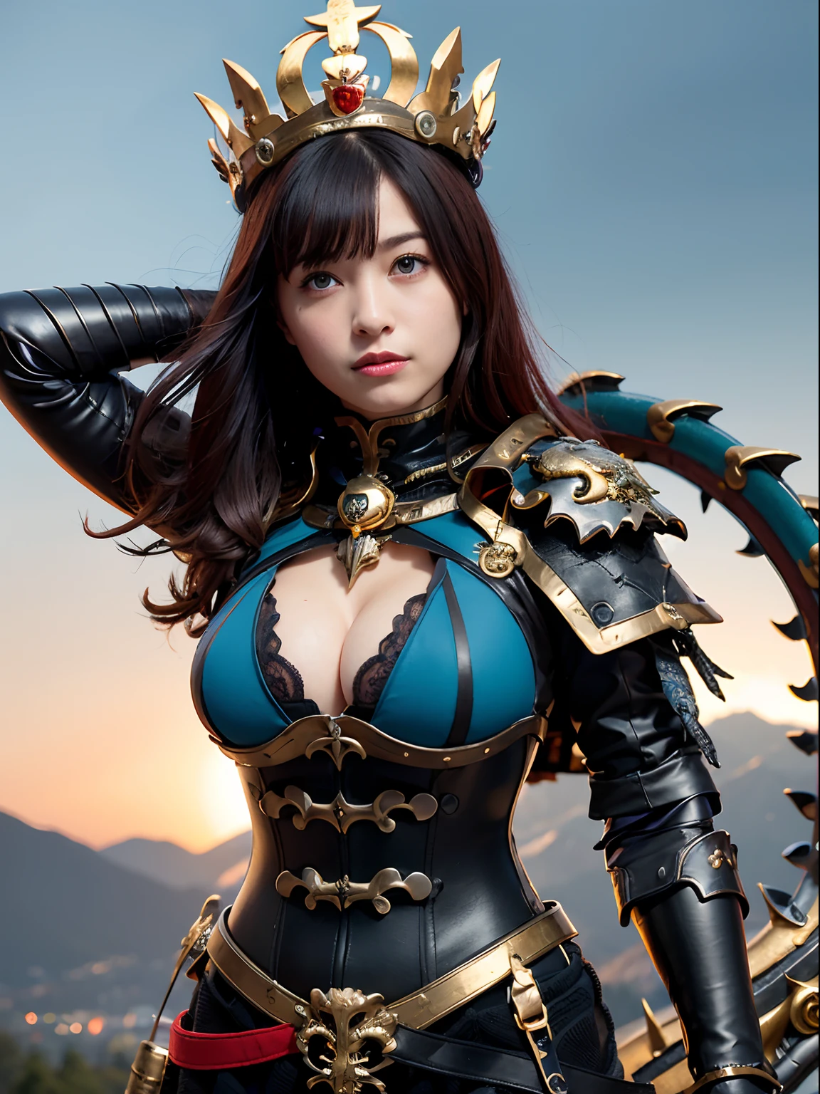 (masutepiece), Professional , masterpiece、top-quality、photos realistic , depth of fields 、(Dragon Black Metal Body:1.9),(Enamel blue-black、(cleavage of the breast)、Dragon Gold Weapon(Dragon Metal Body:1.4),Gorgeous gold weapons ,(( Dragon's dense and gorgeous sword)) , (demonic wings) ,warhammer 40k , adepta sororitas,Detail and gorgeous crown、((Red hair))、(Castle background)、((Gangle's forest background))、Beautiful Caucasian beauty、1a person、dynamic ungle,(((Detailed and ornate Black Devil Crown)))、Smaller head、crazed smile、Castle background、Thin and beautiful female hands、cleavage of the breast、Soldier in iron armor on background、Mystical expression、Light Effects、intense fighting、Wind-effect、magic circles、With the legendary magic wand、Dragon's tail、
